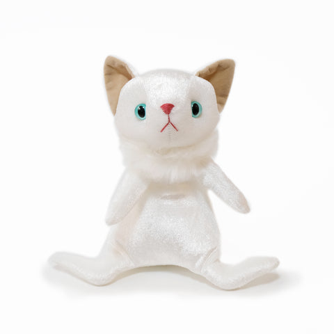 A stylish stuffed cat with a stylish fur around its neck. The color is white.