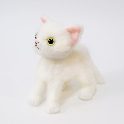 A skinny body with fluffy downy hair and big eyeballs. Kitten with white fur, blue right eye and yellow left eye.