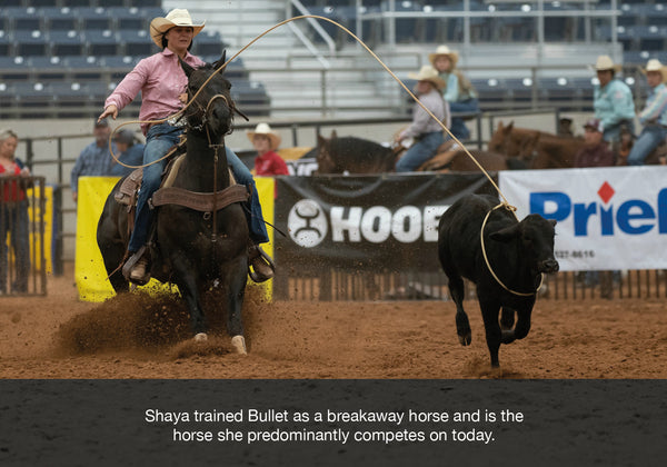 Shayy Biever EQU Streamz magnetic horse band sponsor breakaway roping professional with horse bullet