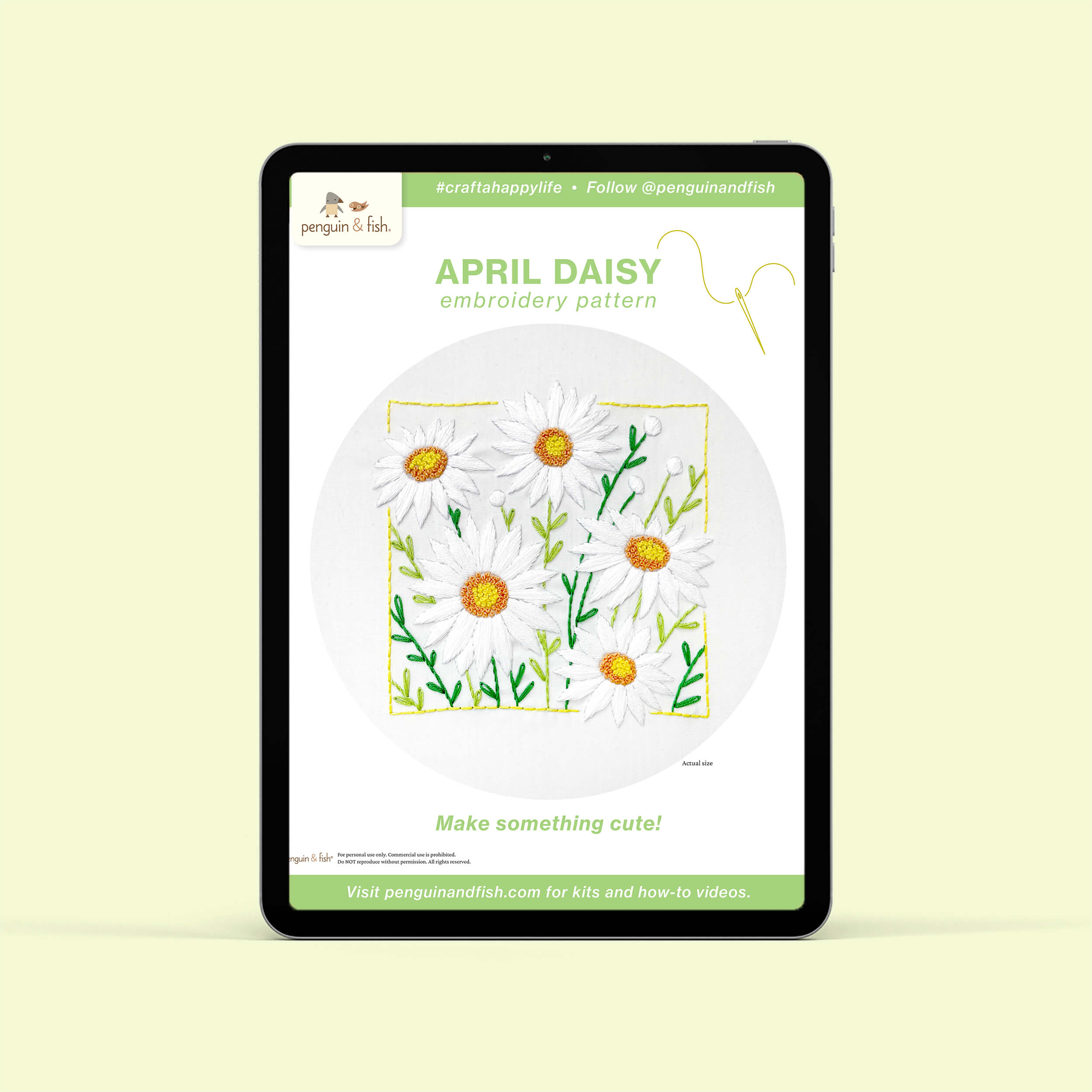 April Daisy PDF embroidery pattern shown on a tablet