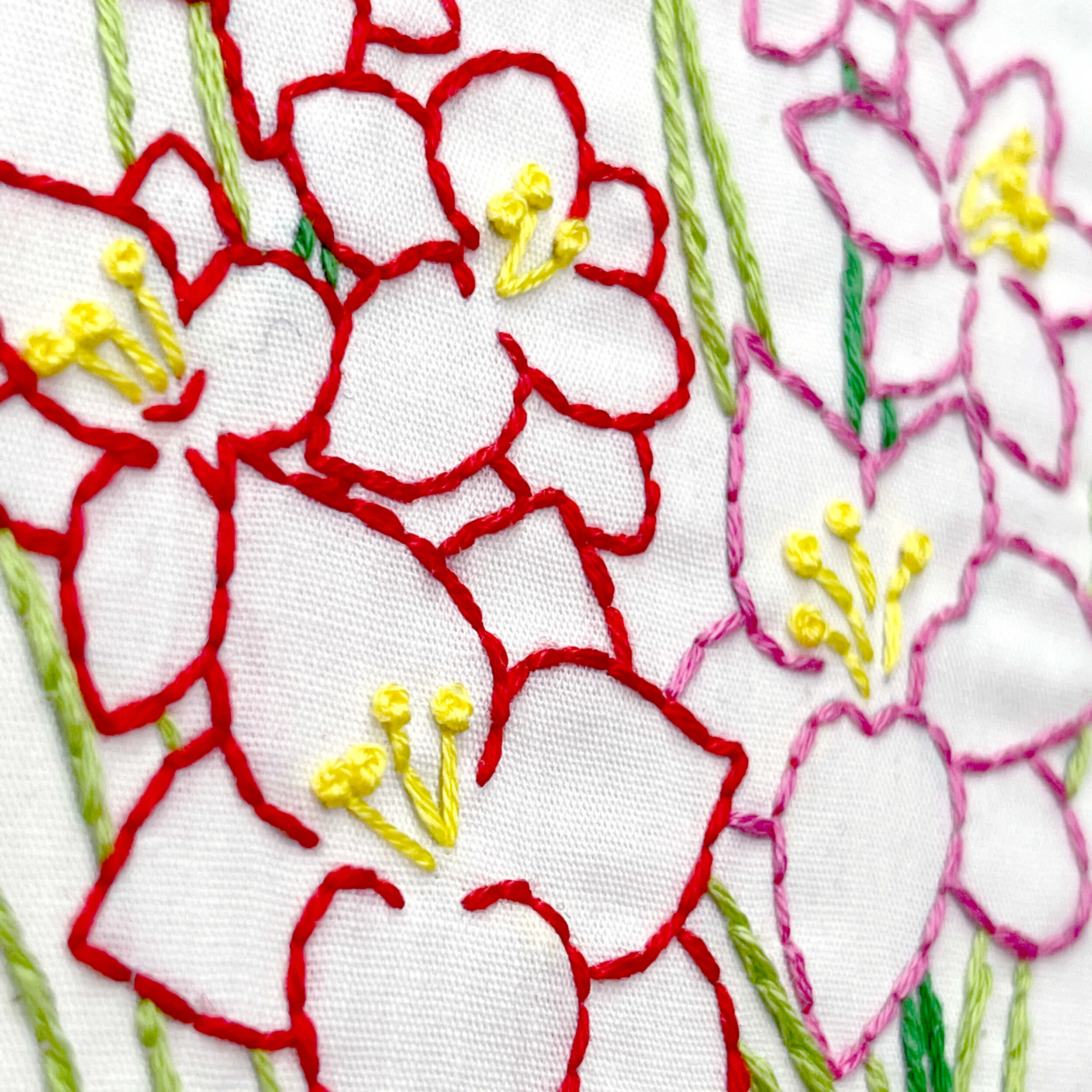 close up of gladiolus backstitch embroidery in red.