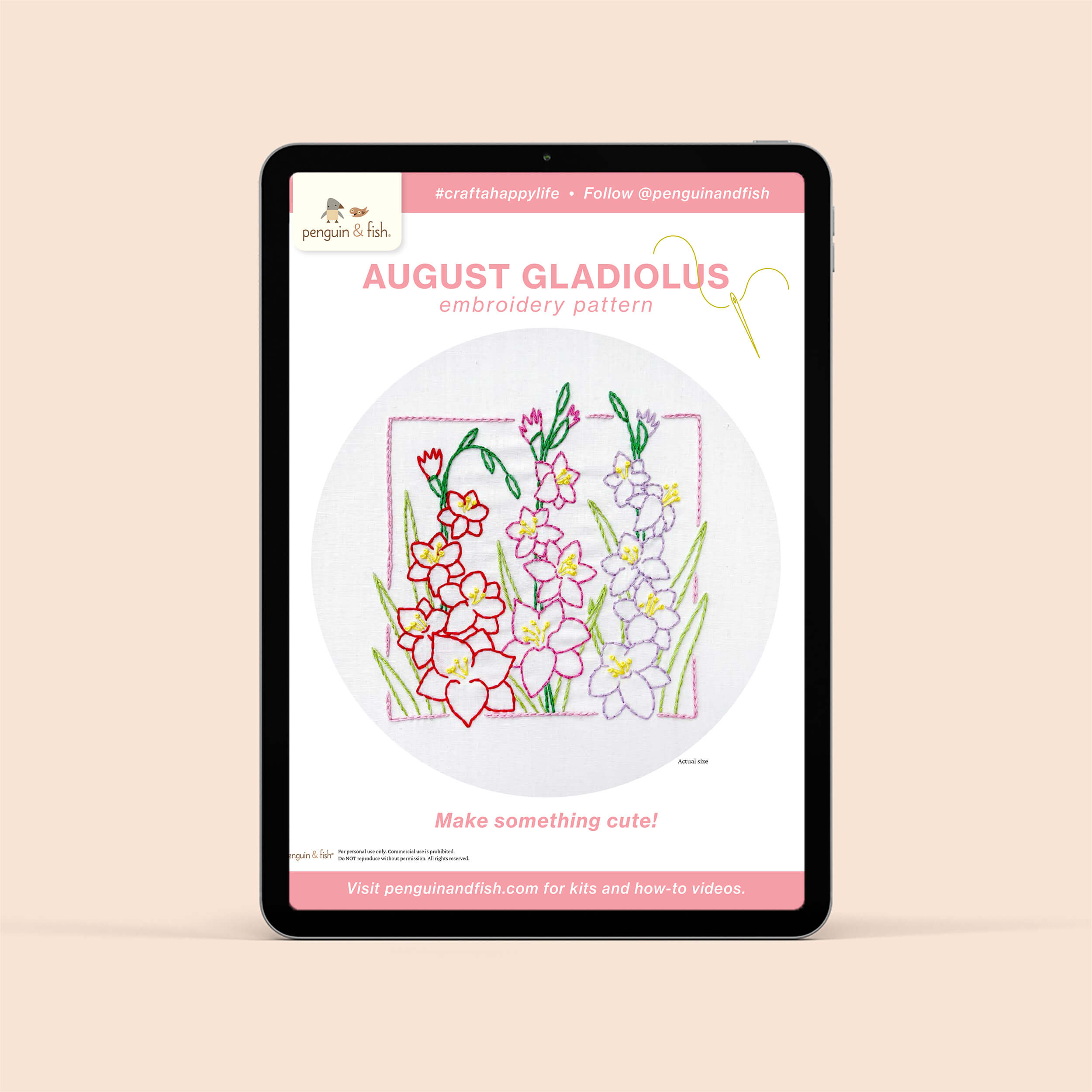 August Gladiolus PDF embroidery pattern shown on a tablet