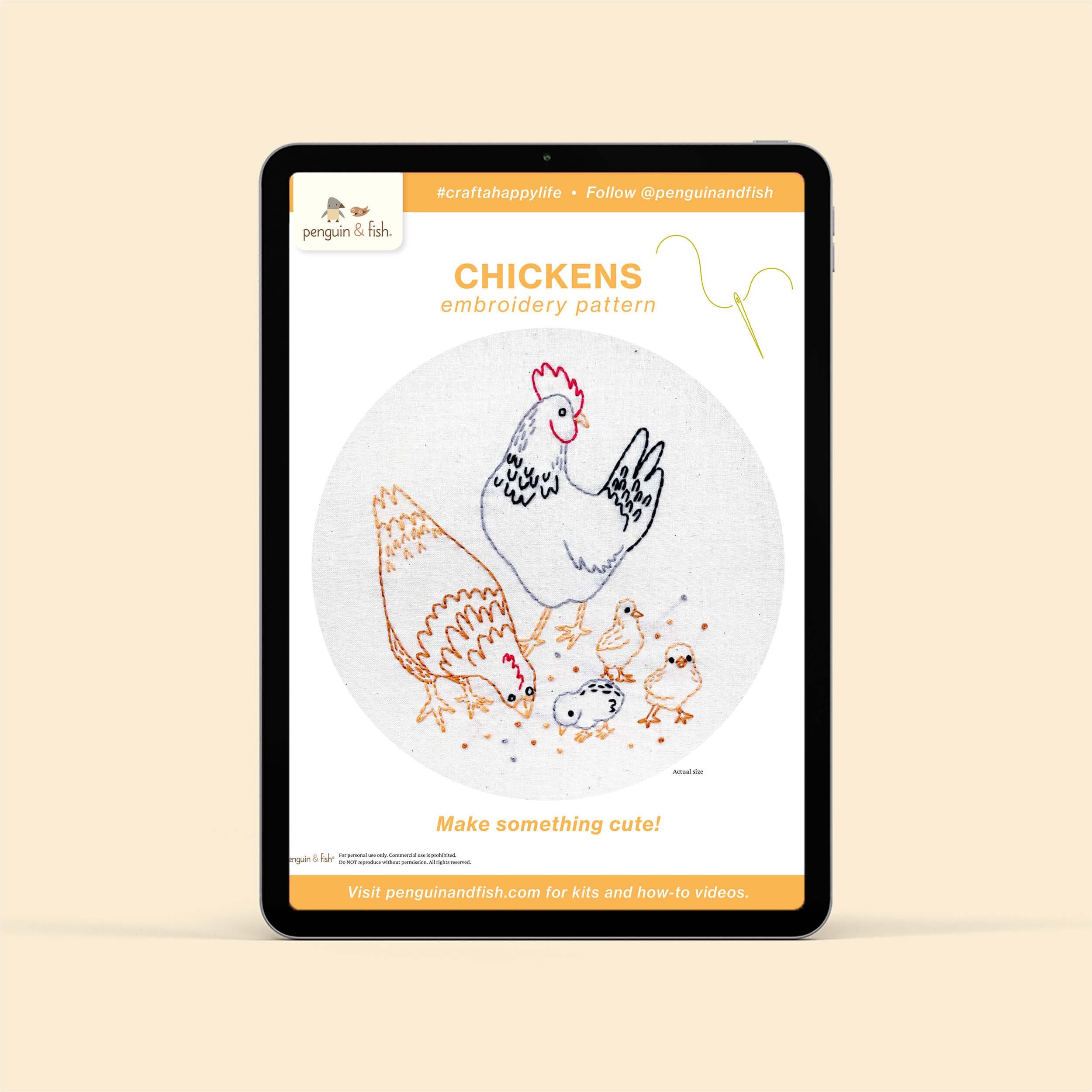 Chickesn PDF embroidery pattern shown on a tablet
