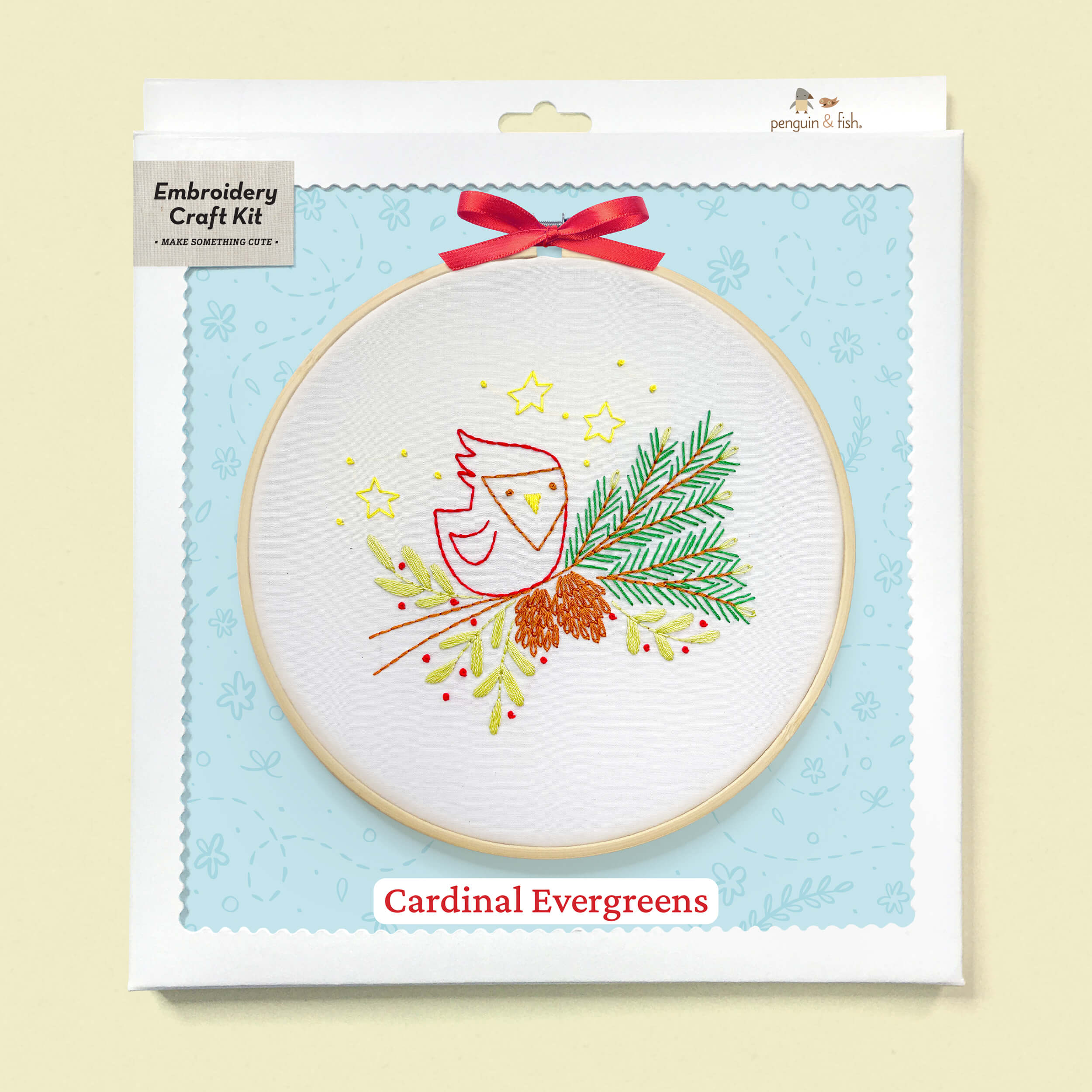 Cardinal Evergreens embroidery kit in a box
