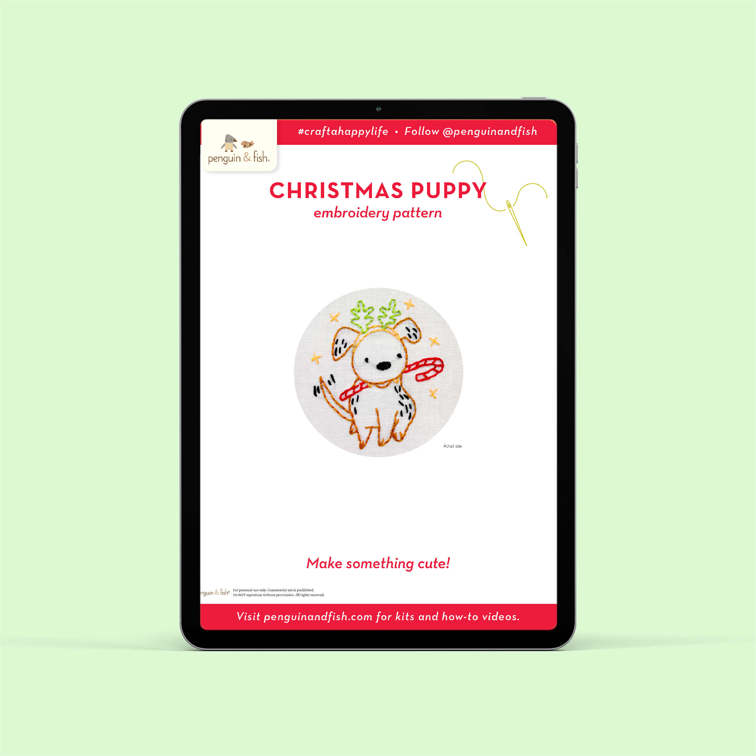 Christmas Puppy PDF embroidery pattern shown on a tablet