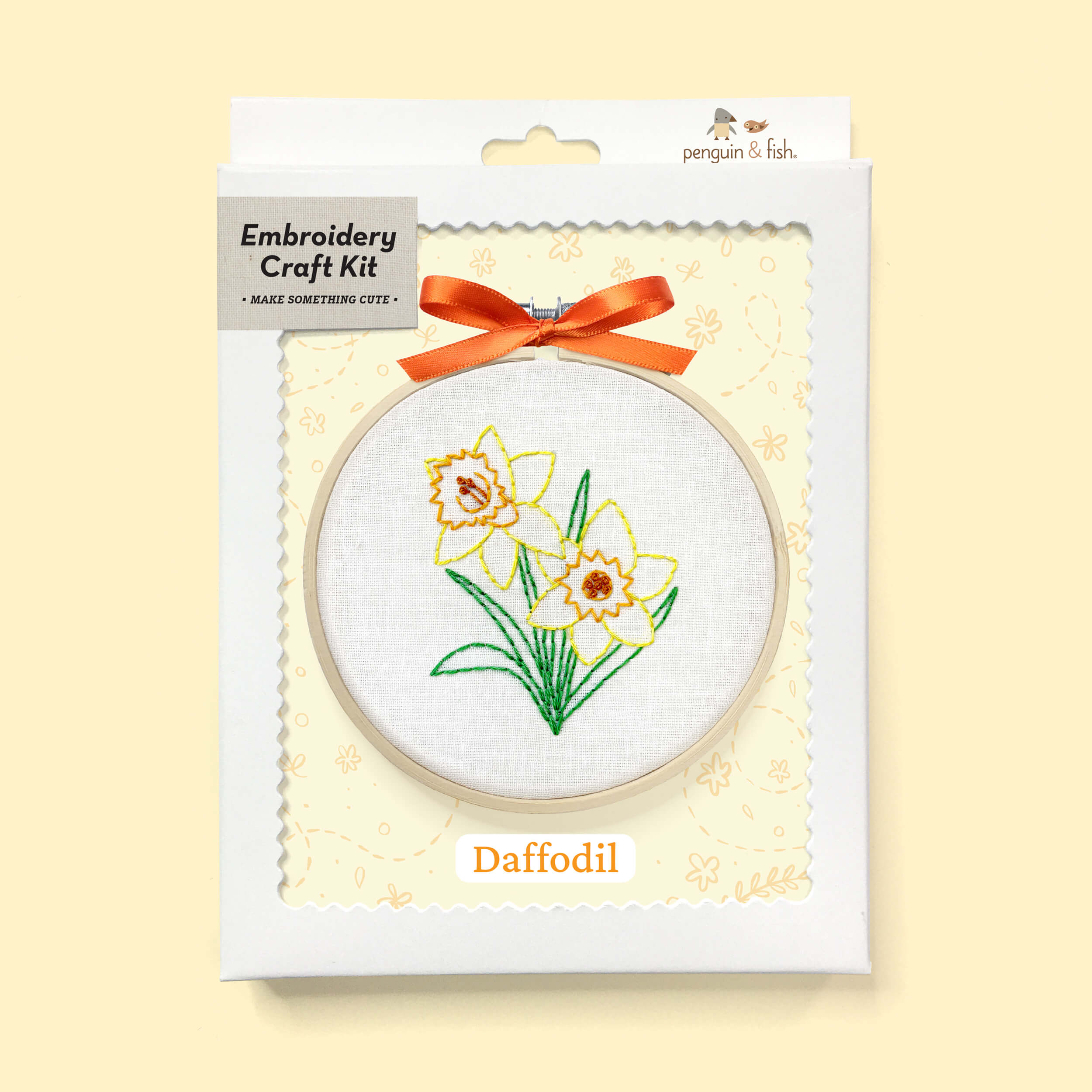 Daffodil 4-inch embroidery kit with supplies in a box