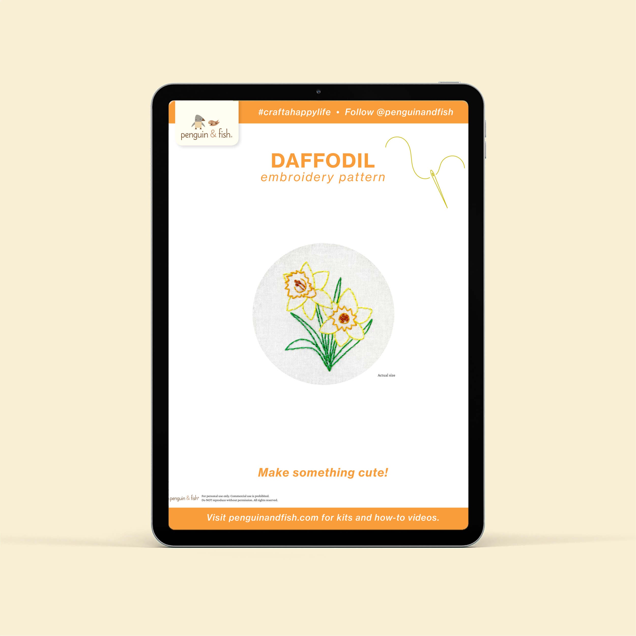 Daffodil PDF embroidery pattern shown on a tablet