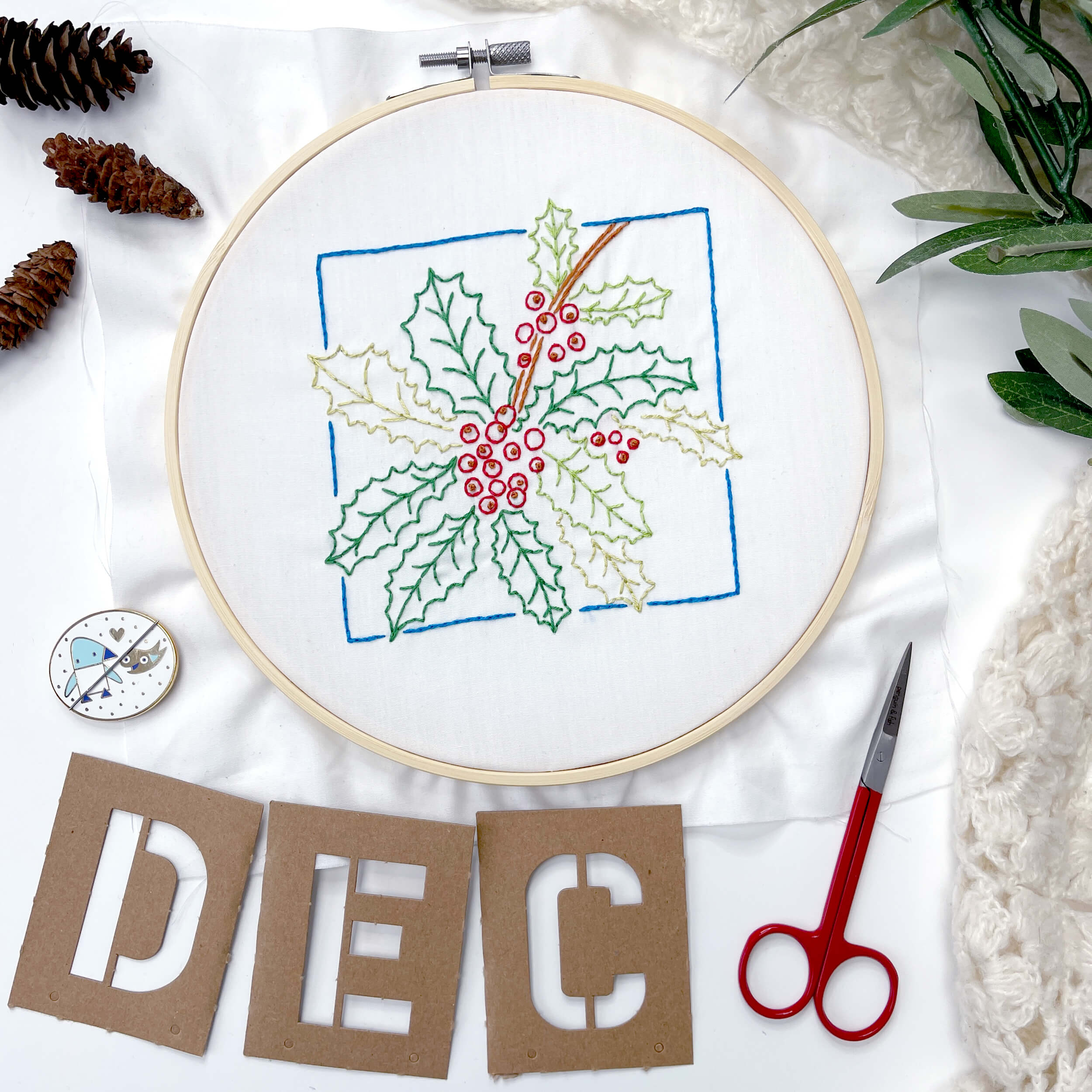 Finished December Holly embroidery pattern with letters DEC