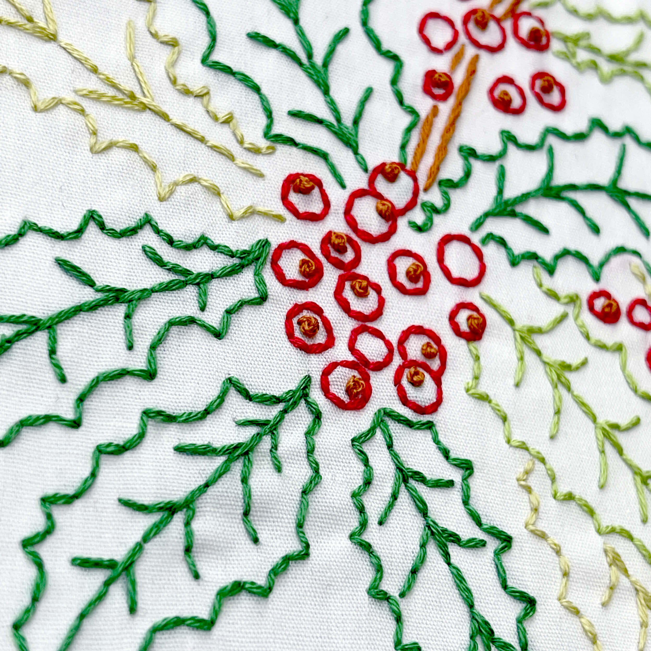 Detail shot of December Holly embroidery pattern