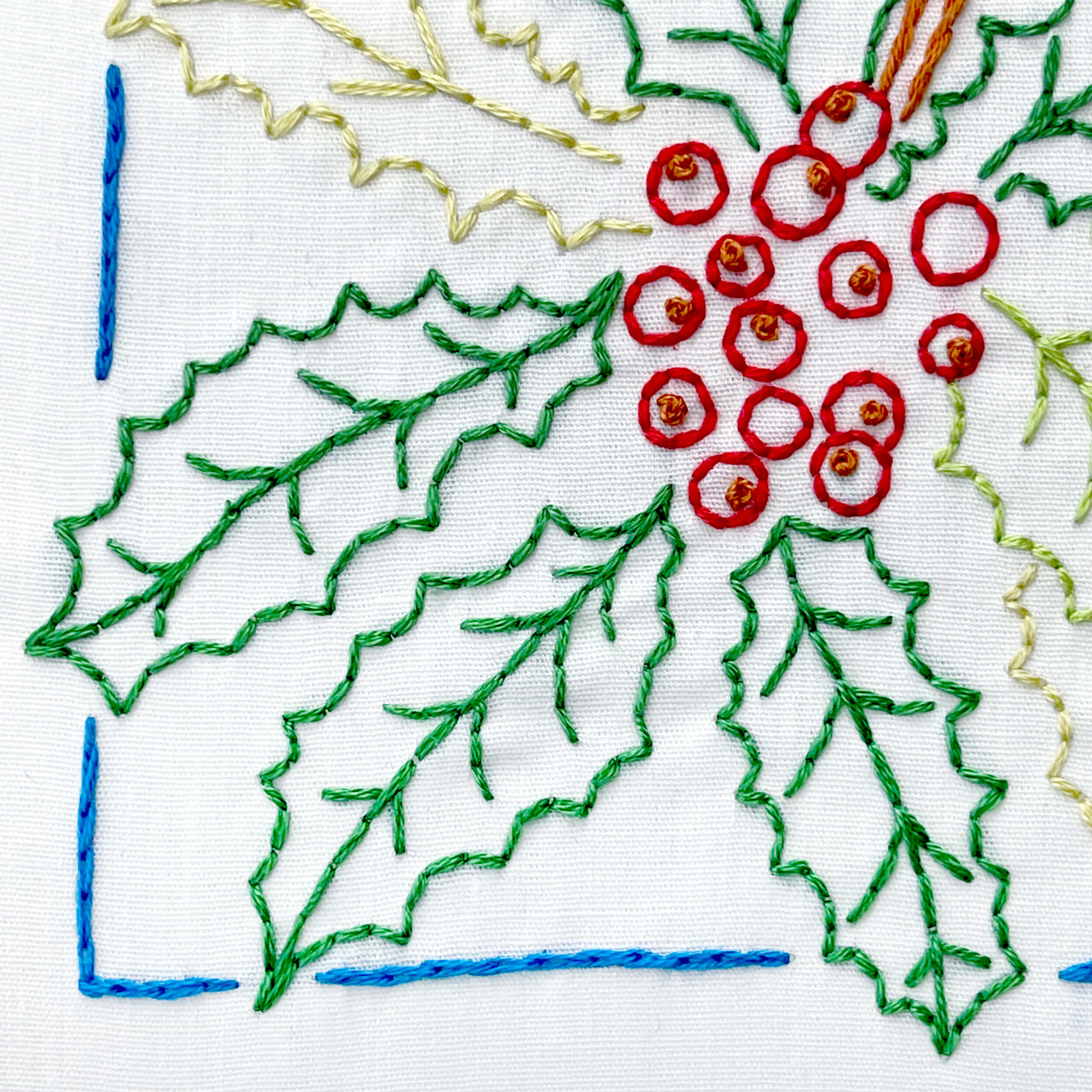 Close up of december holly embroidery pattern leaves backstitch