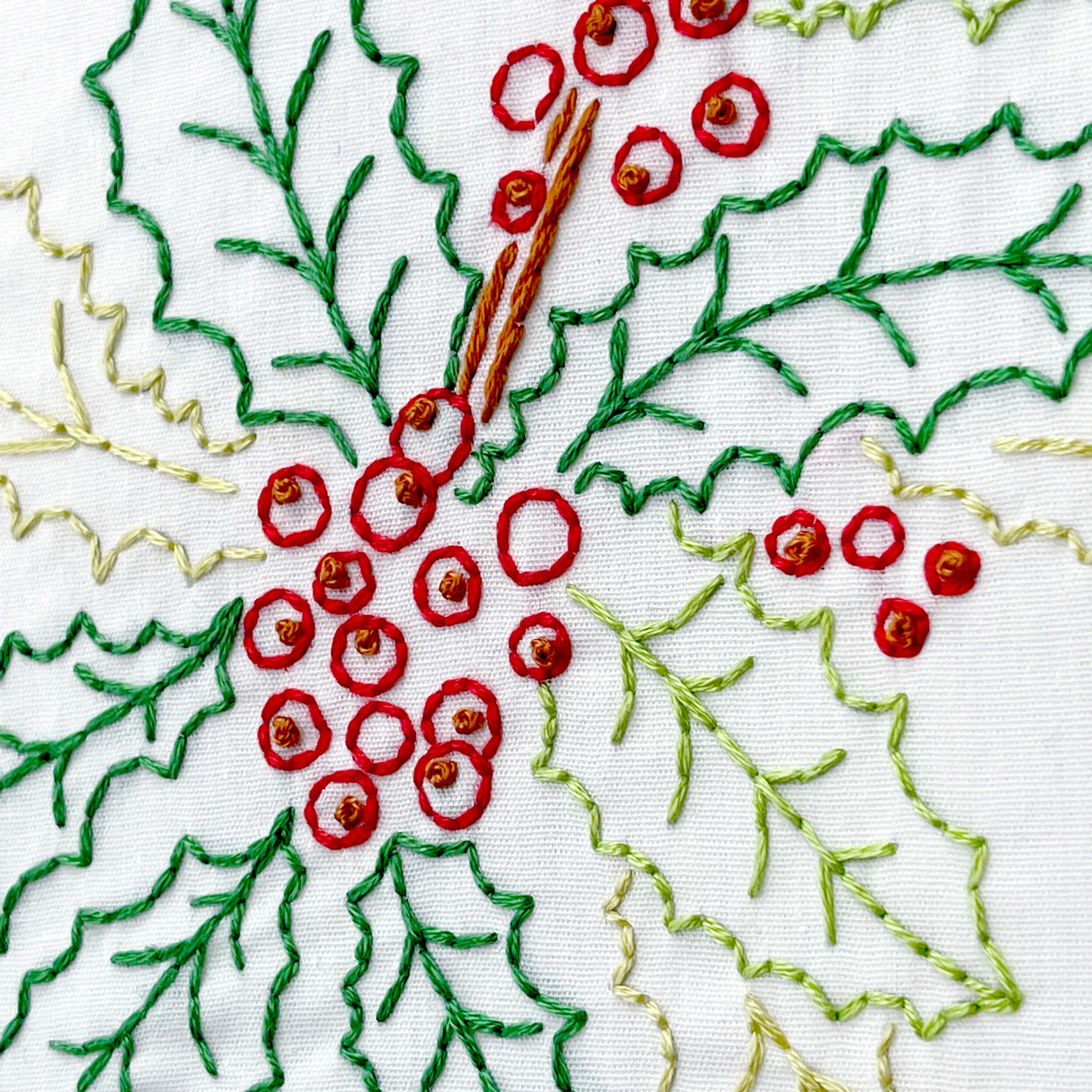 Close up of red holly berries in embroidery with backstitch and french knot.