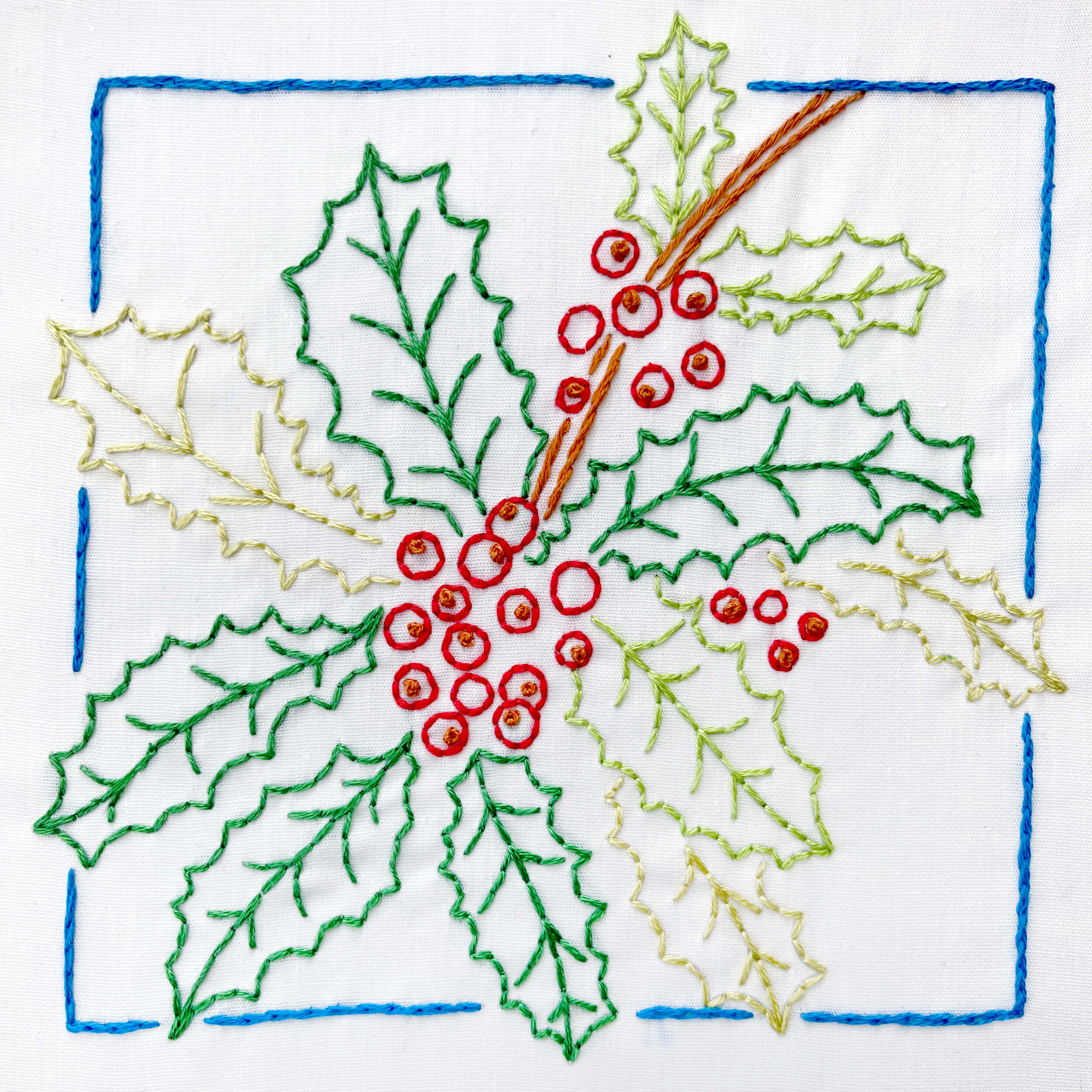 Finished December Holly embroidery pattern - square