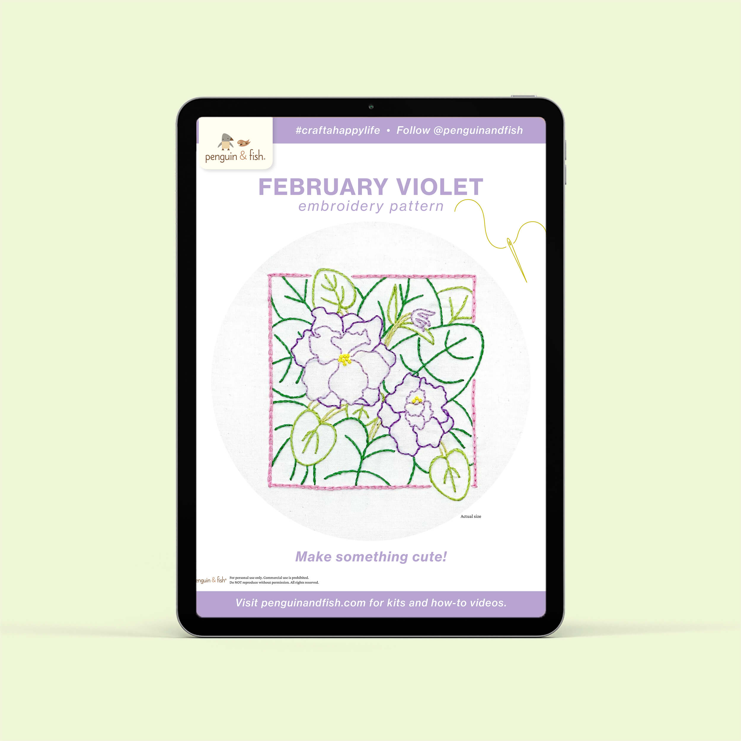 February Violet PDF embroidery pattern shown on a tablet