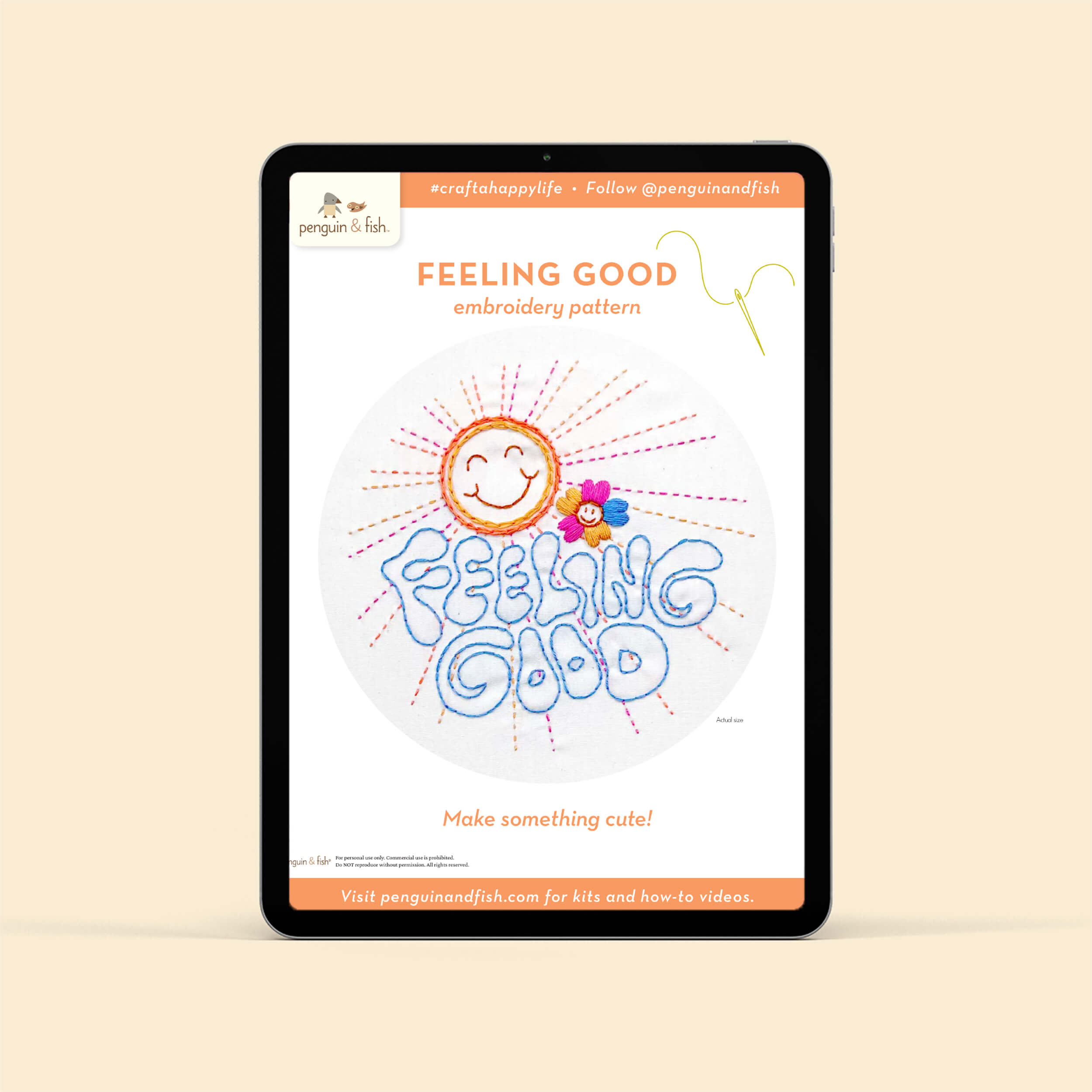 Feeling Good PDF embroidery pattern shown on a tablet