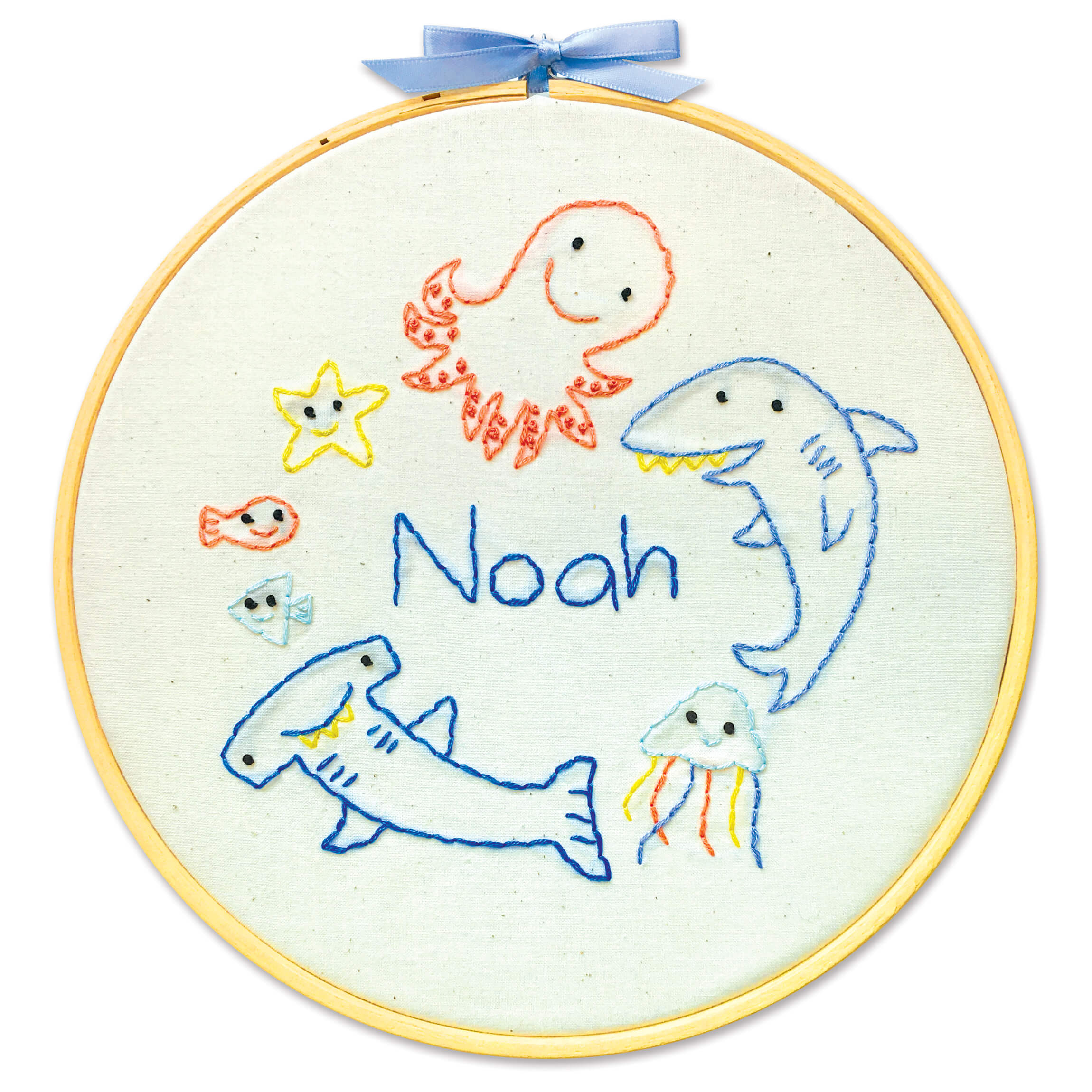 Fishies embroidery pattern shown in an 8-inch hoop