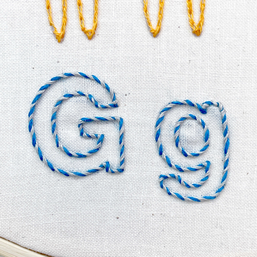 whipped back stitch of letters Gg - hand embroidery stitches