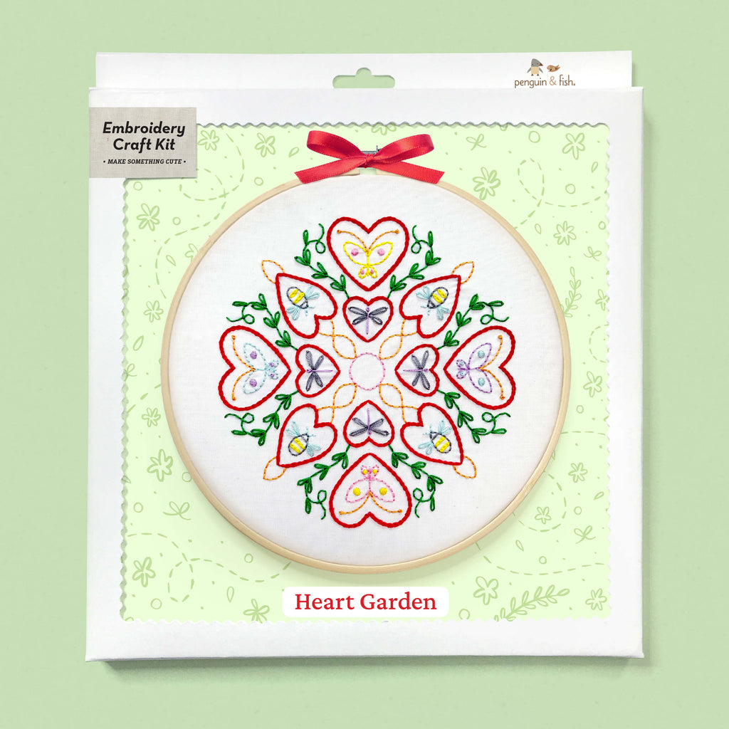 Heart Garden embroidery kit for beginners in white box