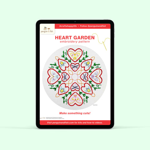 Heart Garden design PDF pattern shown on a tablet