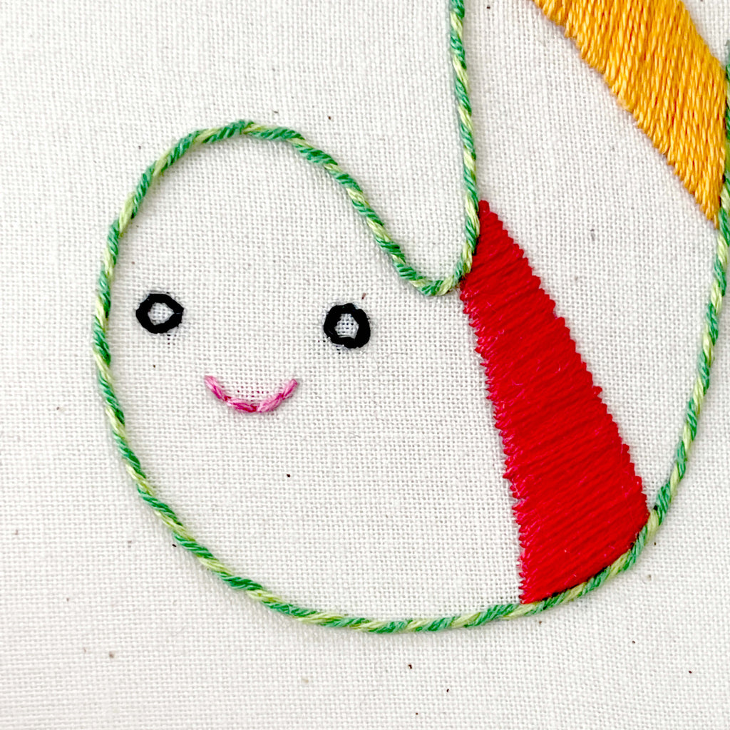 Inchworm embroidery close up - whipped backstitch