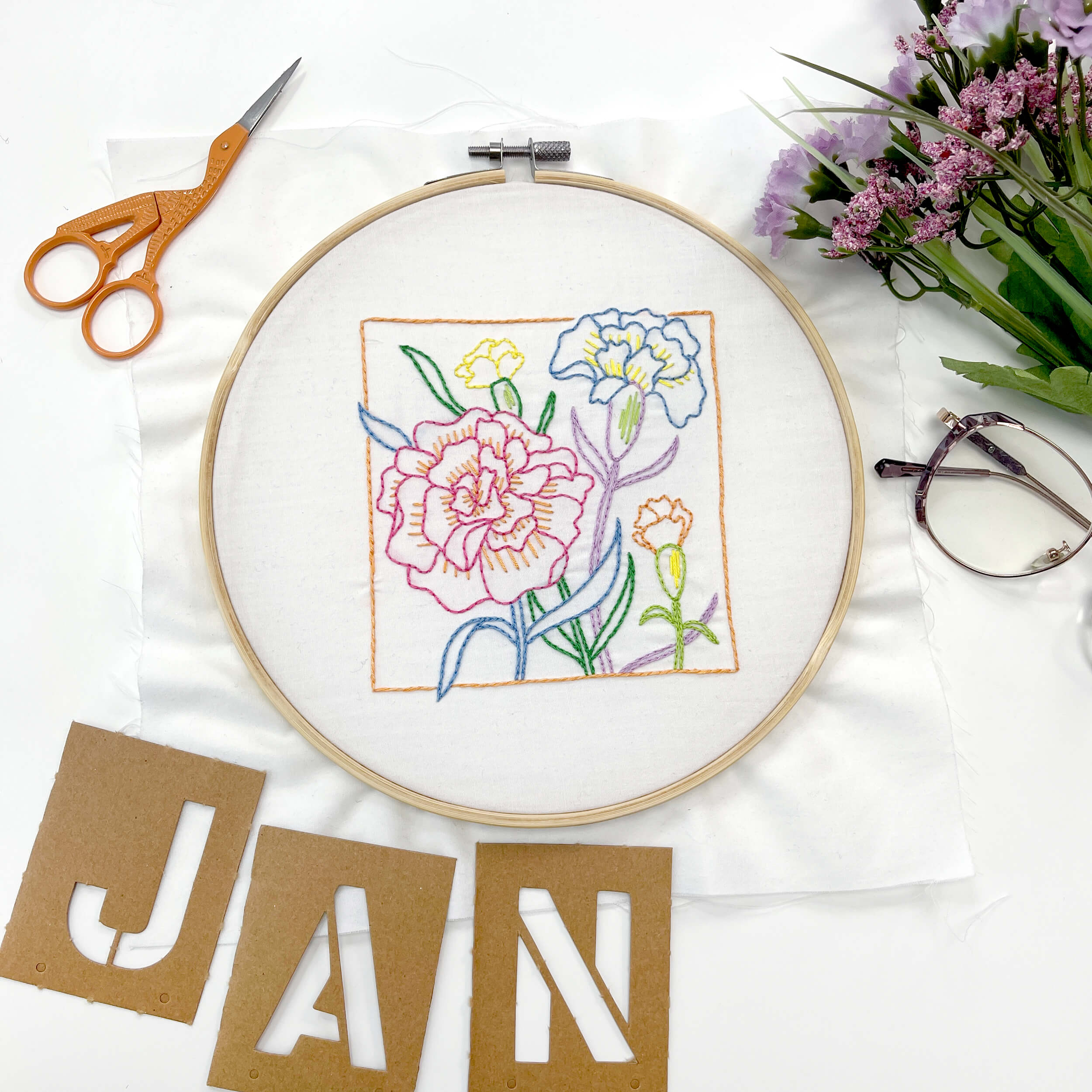 January Carnation - January birth month flower embroidery finished