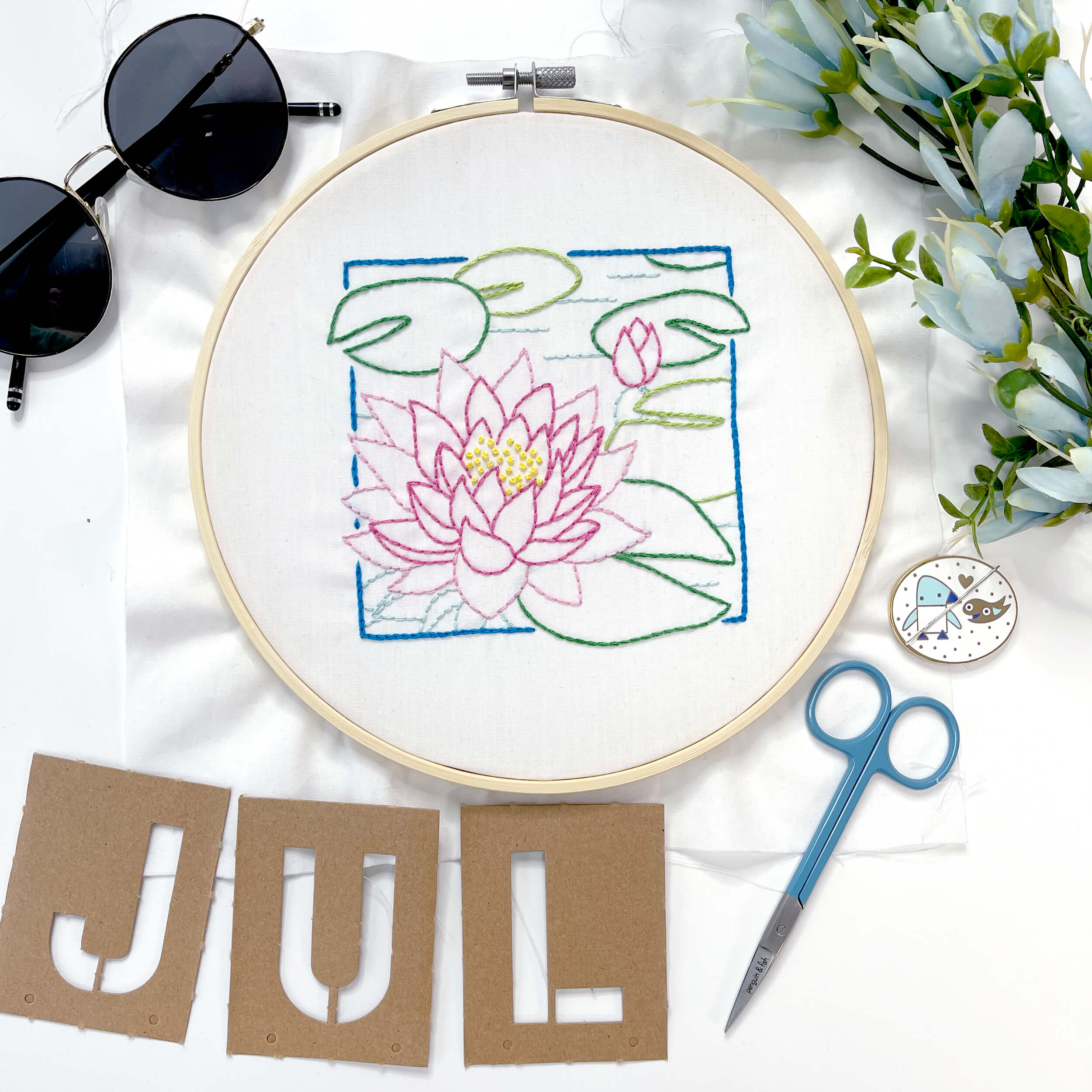 Finished July Water Lily with letters JUL