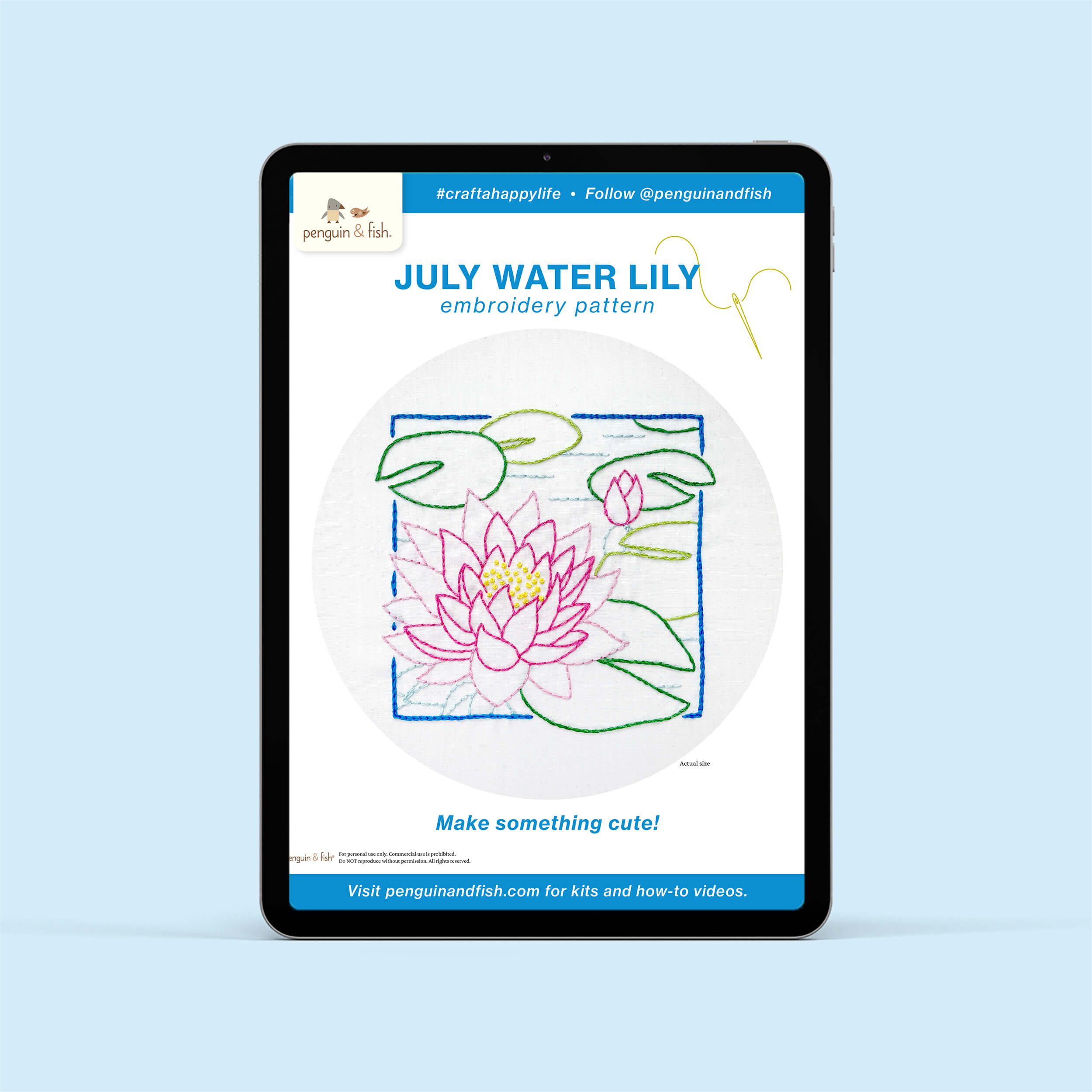 July Water Lily PDF embroidery pattern shown on a tablet