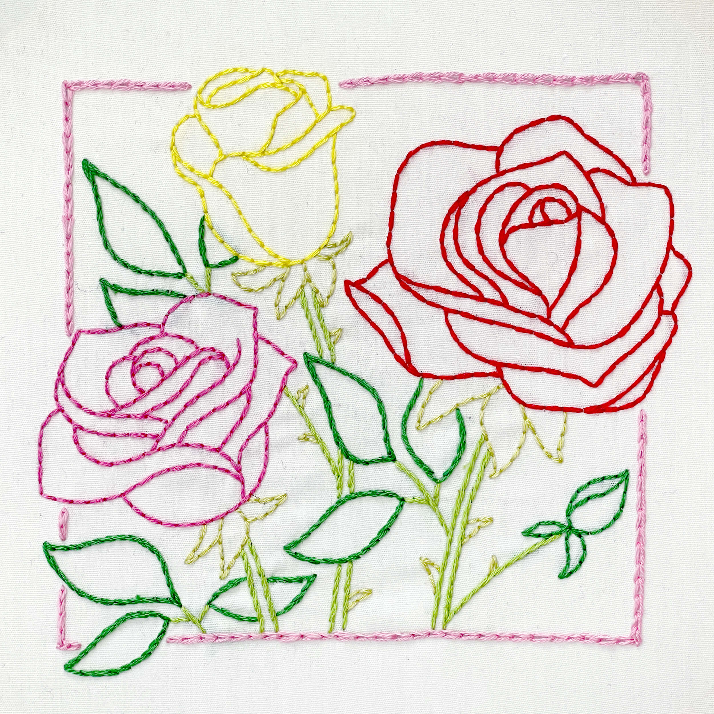 Finished June Rose embroidery pattern, square