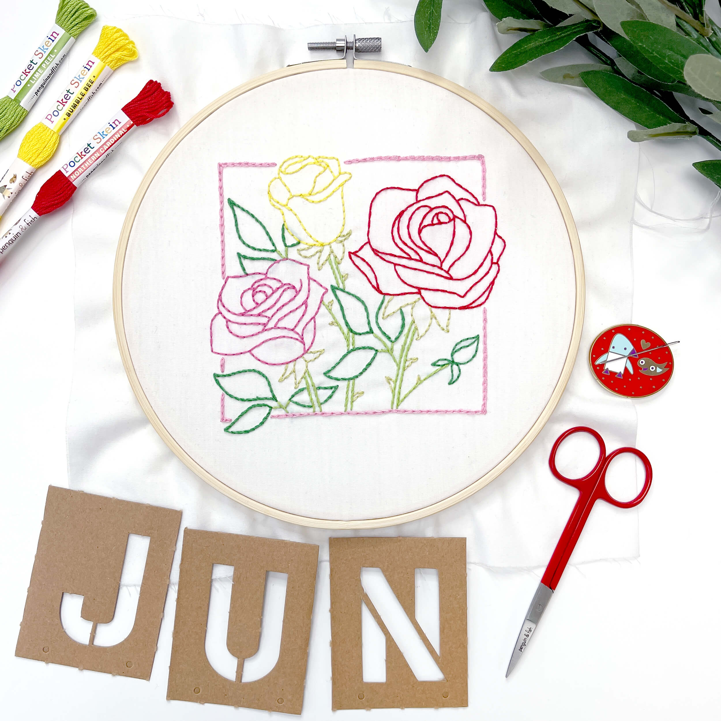 Finished June rose embroidery pattern with letters J.U.N.