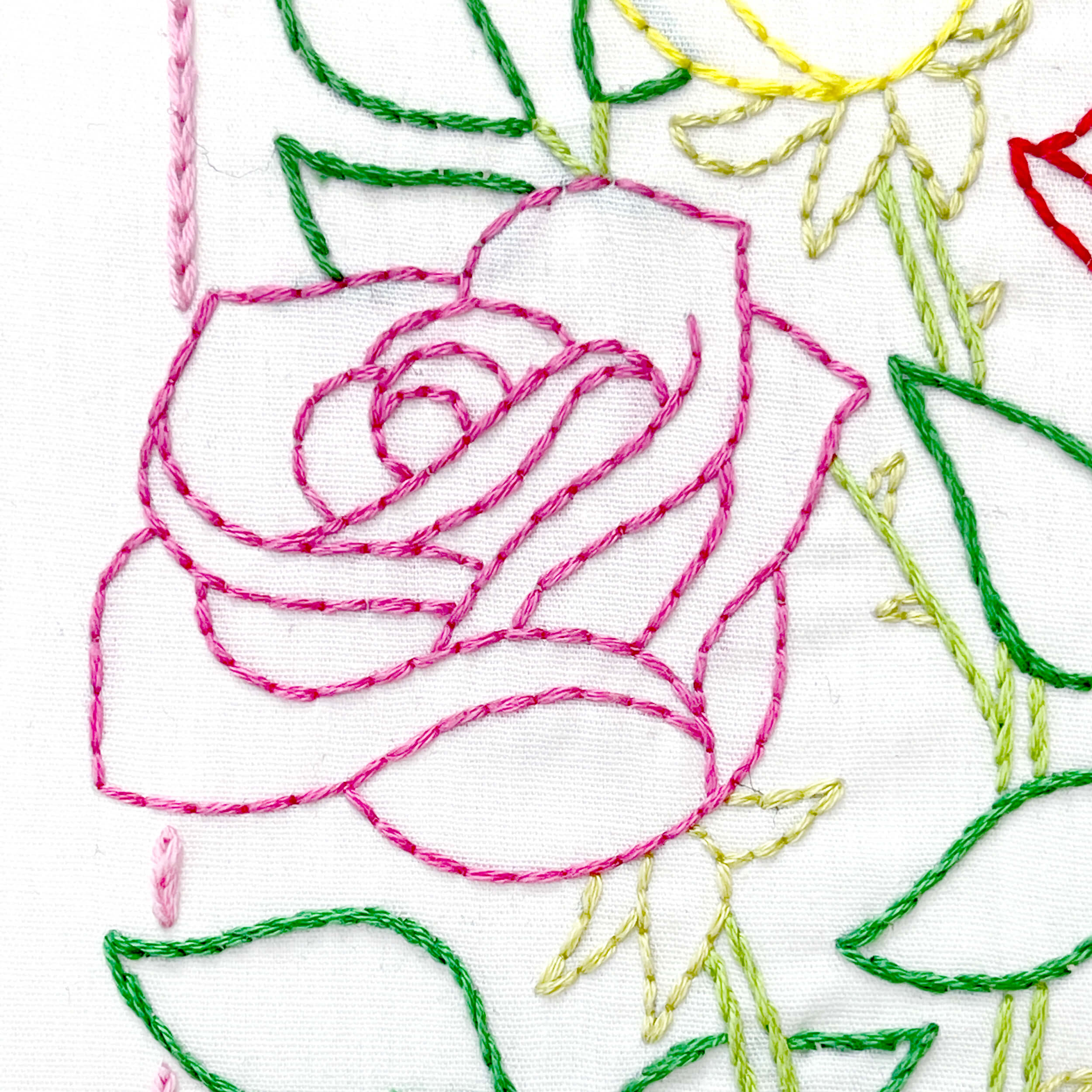 Close up of pink rose, stems, leaves of June Rose pattern