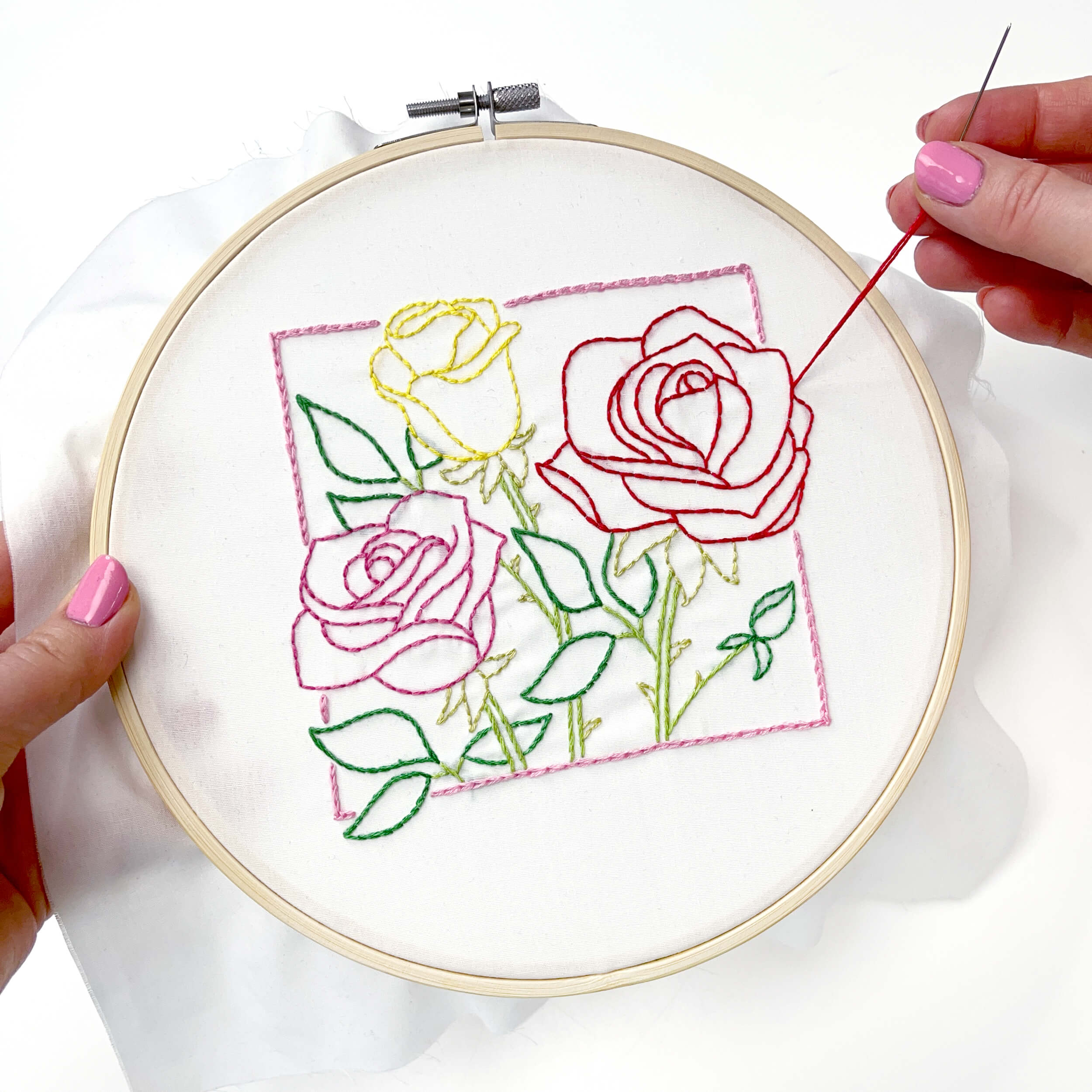 Hand stitching June rose embroidery pattern