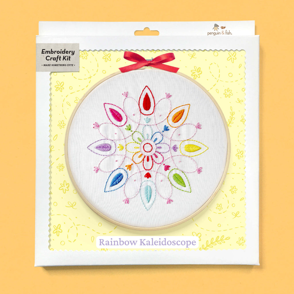 Rainbow Kaleidoscope embroidery kit in the box