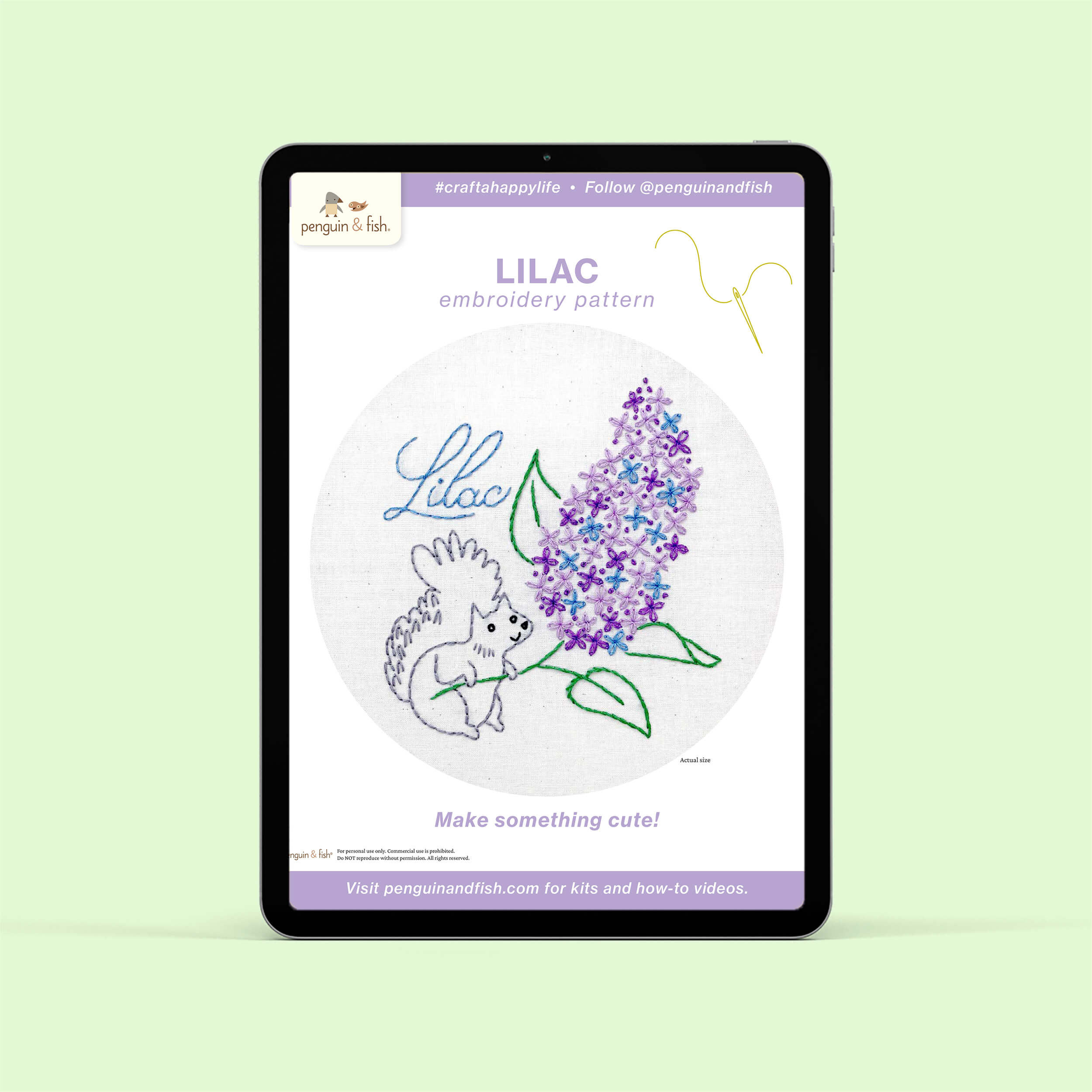 Lilac PDF embroidery pattern shown on a tablet