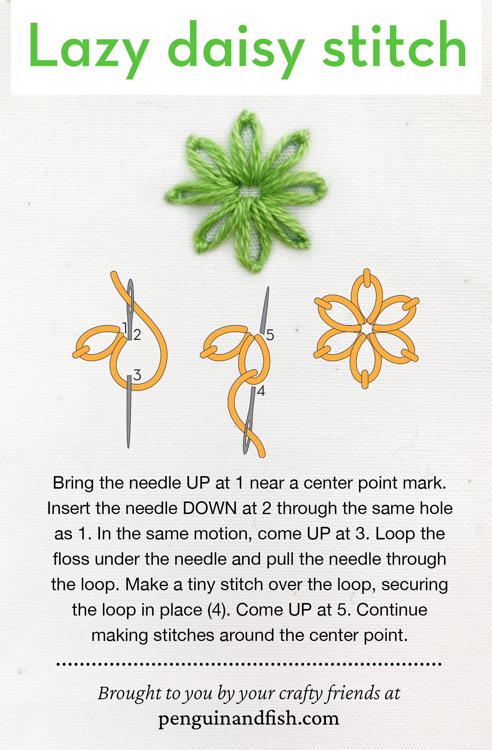 Lazy daisy stitch diagram for Pinterest