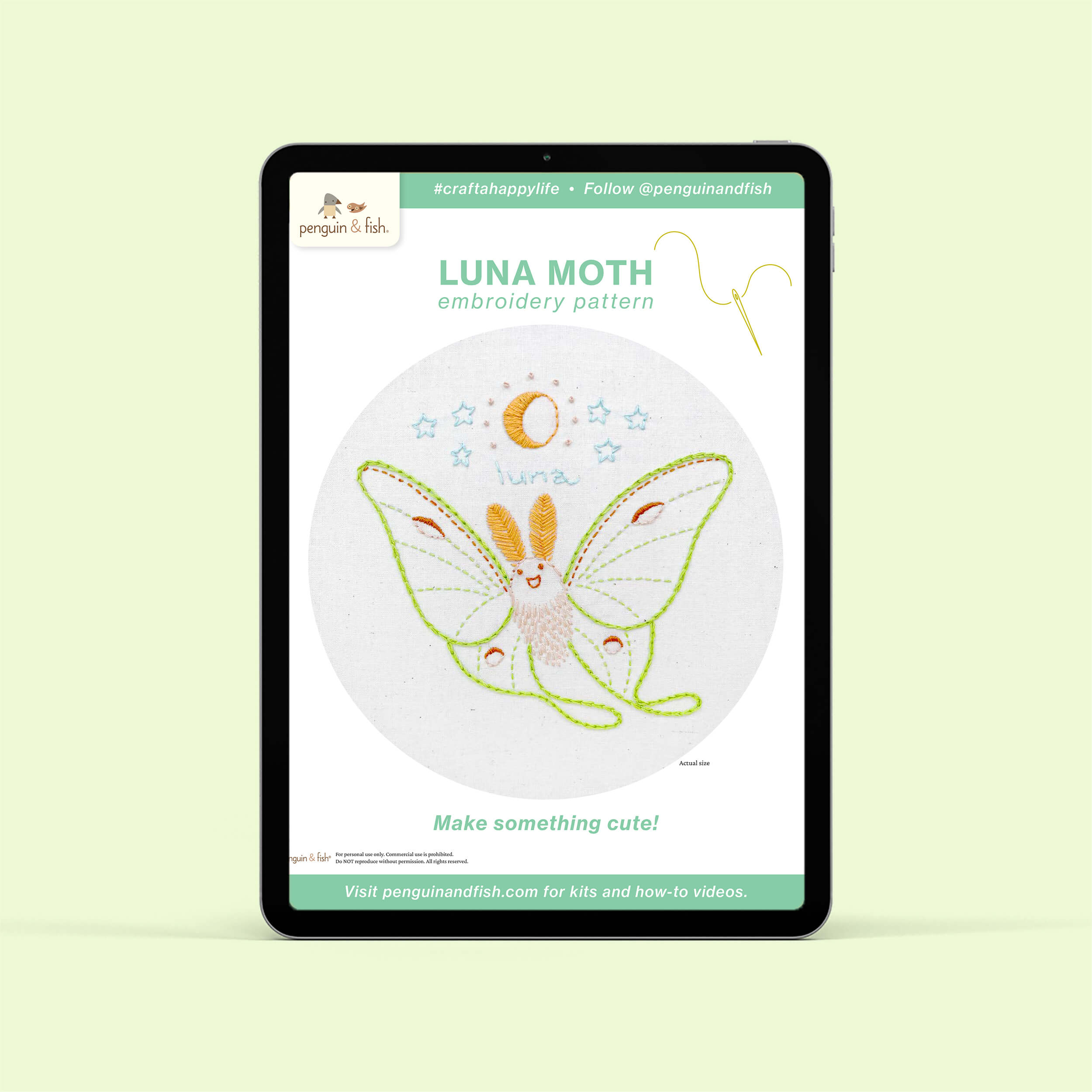Luna Moth PDF embroidery pattern shown on a tablet