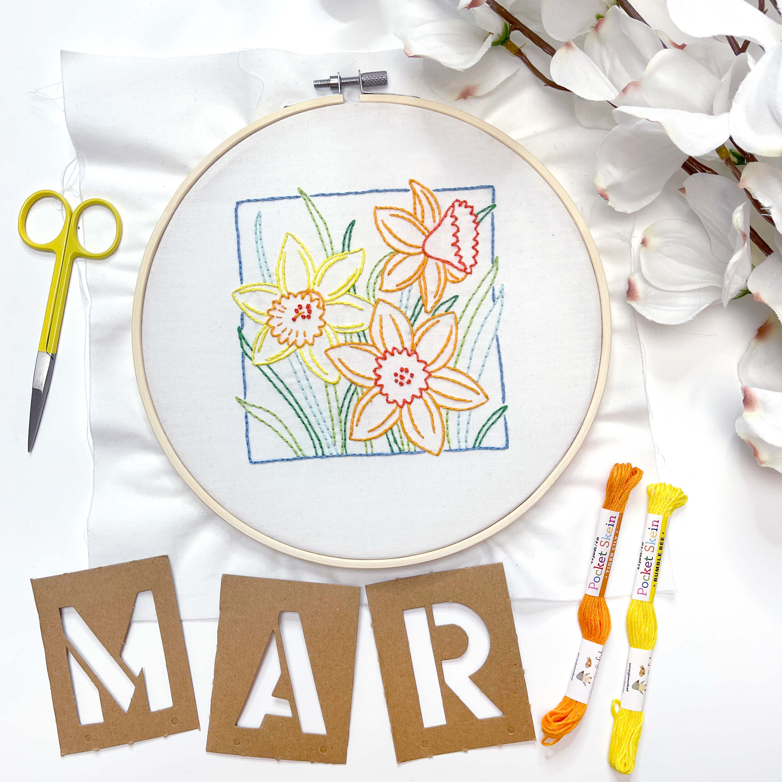 March Daffodil embroidery pattern finished