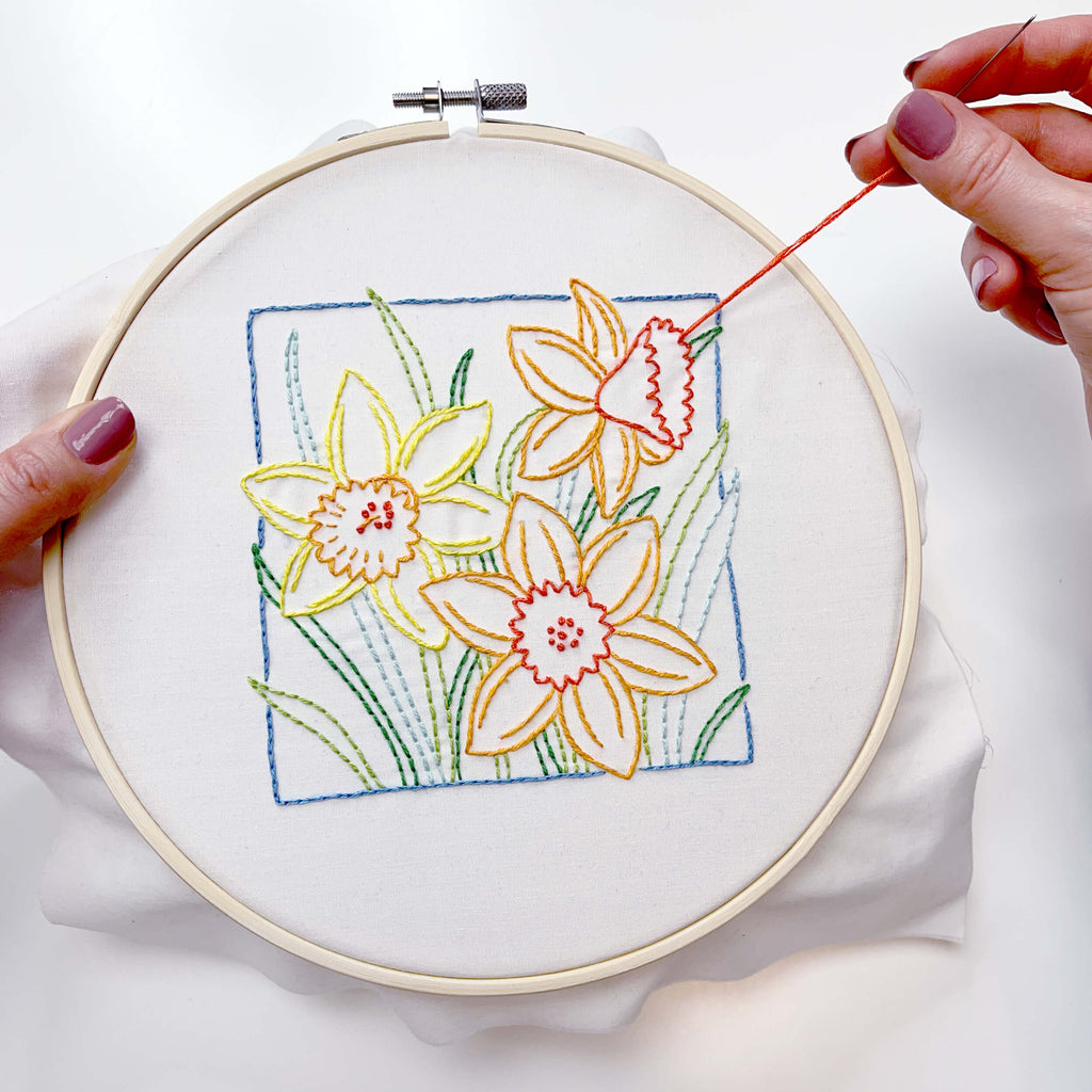 Hand stitching the March Daffodil