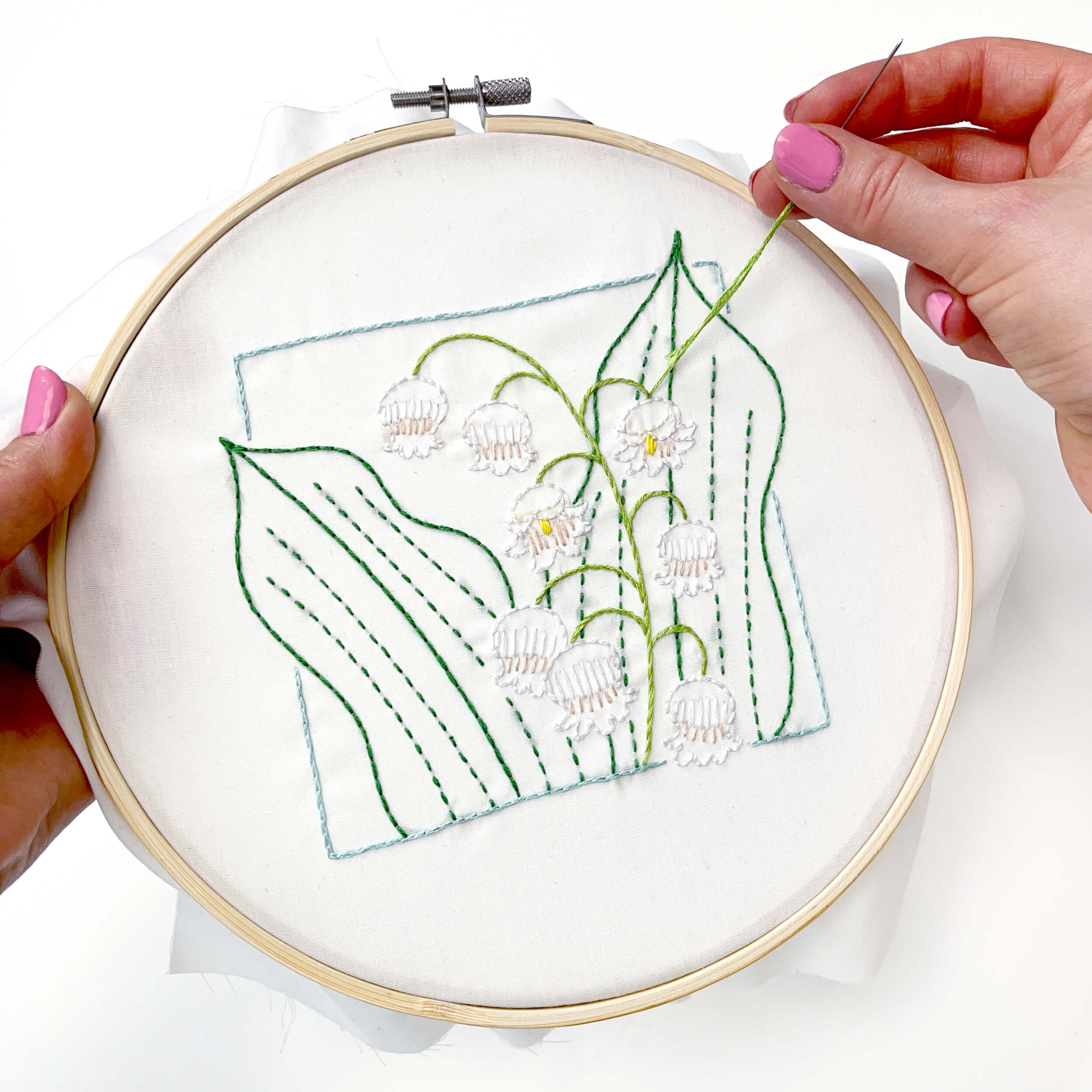 hand stitching the may lily of the valley embroidery pattern