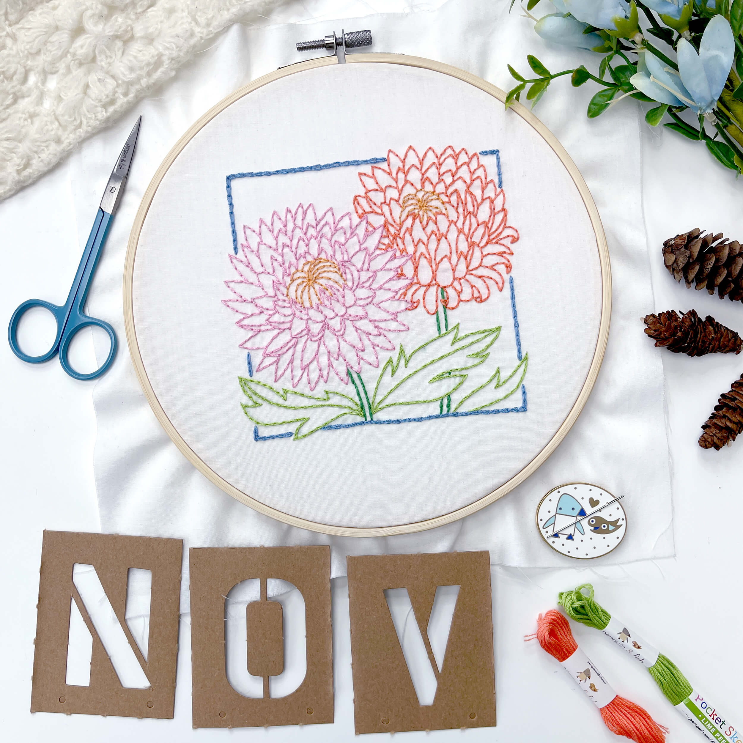 November Chrysanthemum finished embroidery with letter NOV under it