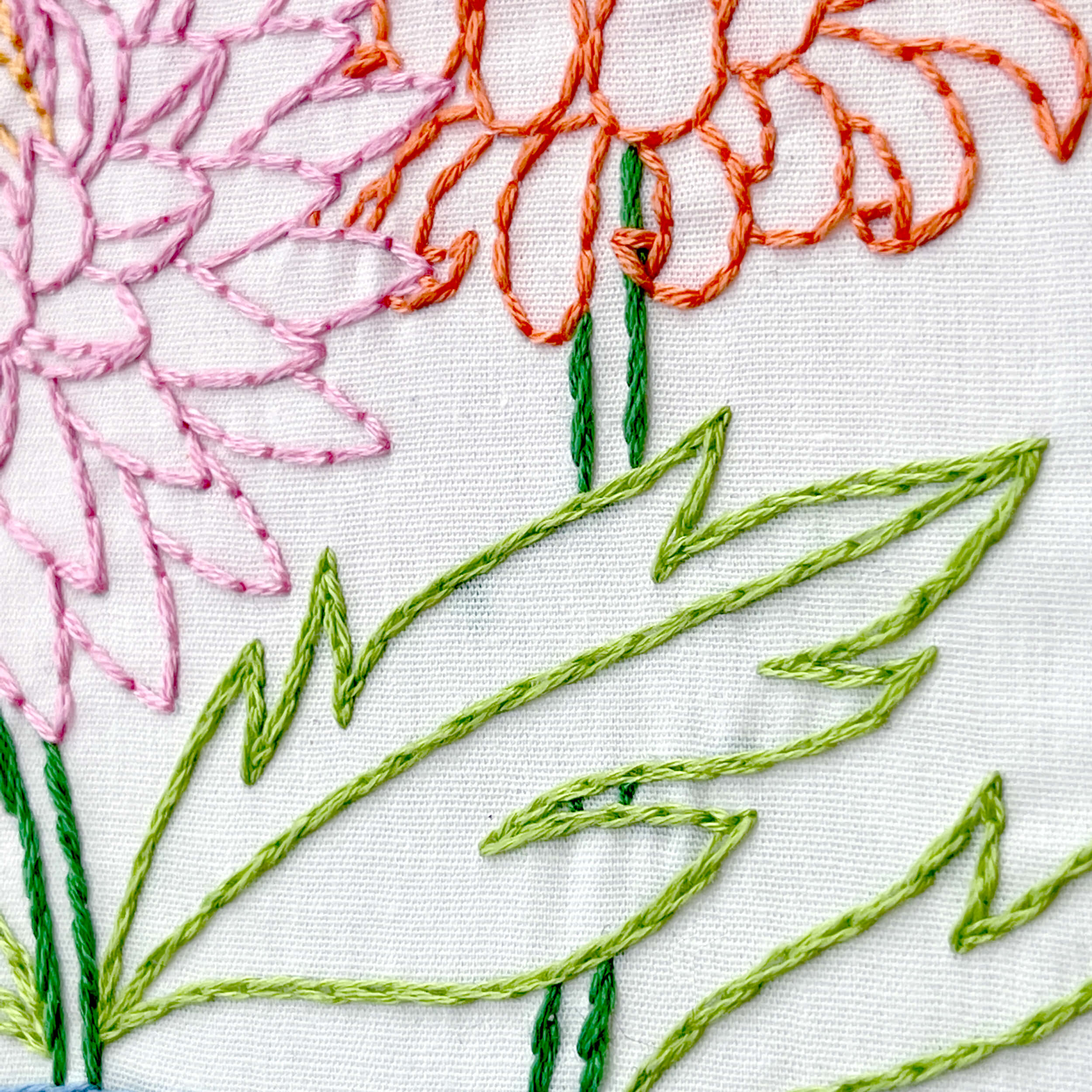 Close up of split stitch leaf on chrysanthemum