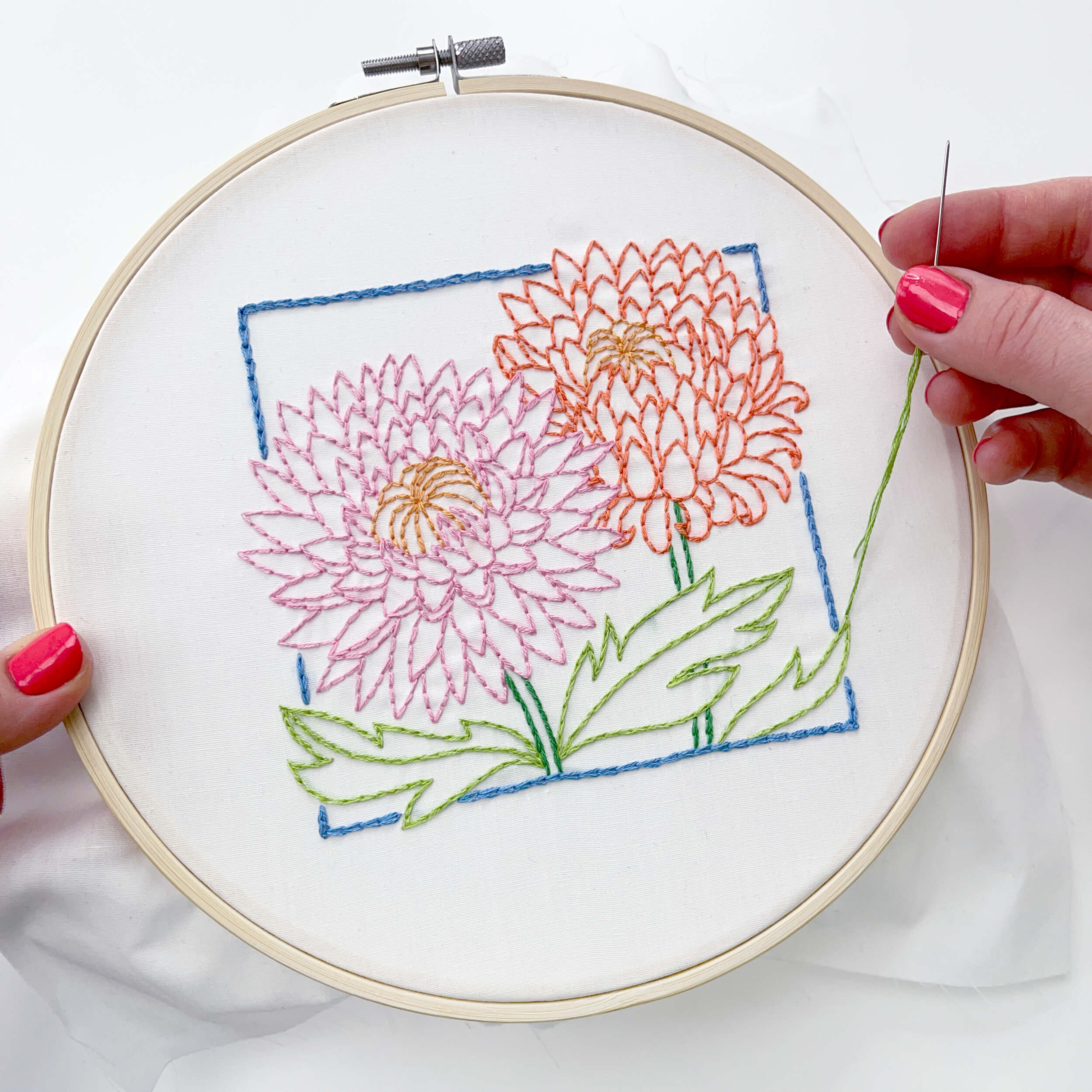 Hand stitching the November Chrysanthemum embroidery pattern