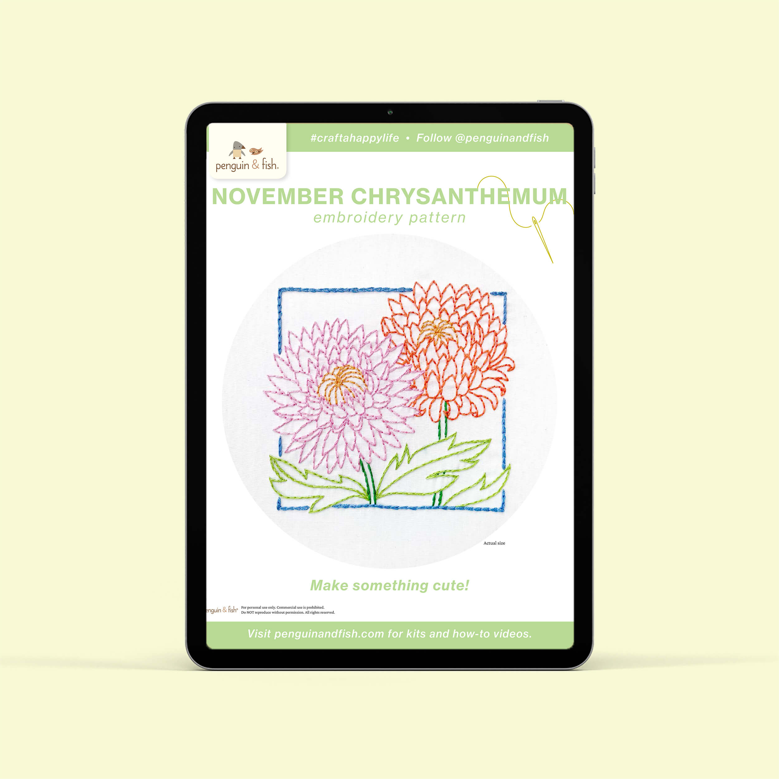 November Chrysanthemum PDF pattern shown on a tablet