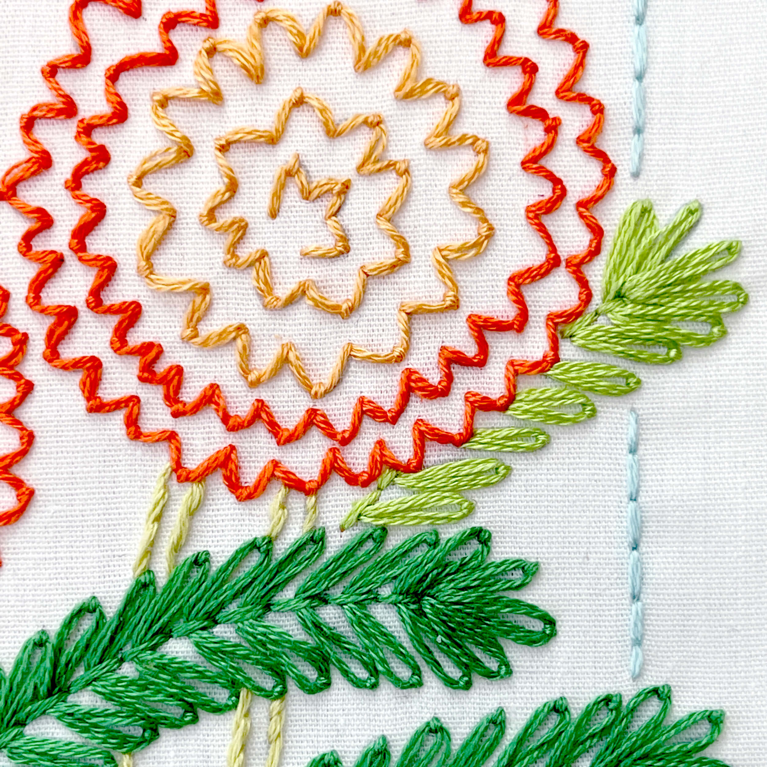 lazy daisy stitch leaves on marigold embroidery