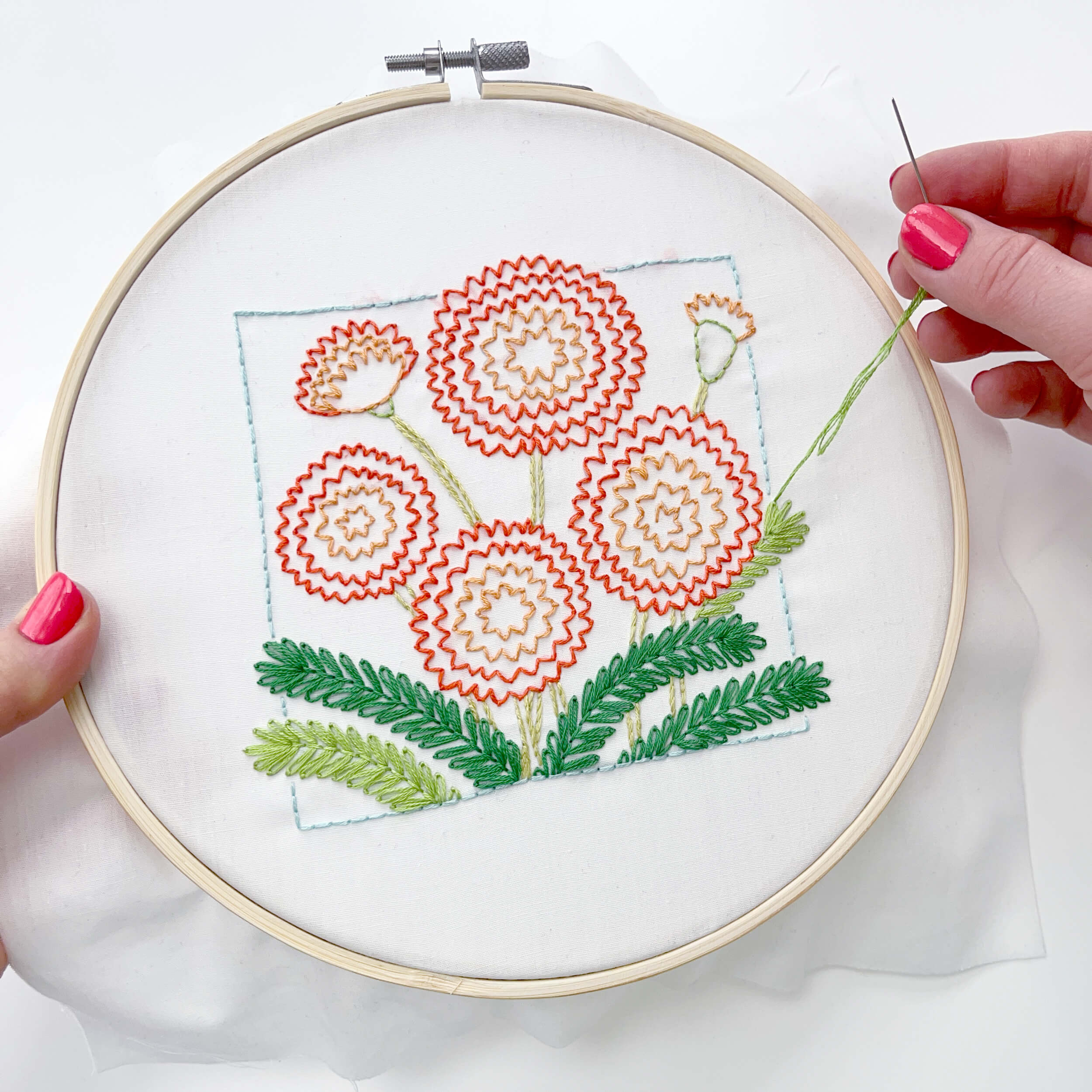 Hand stitching the October Marigold embroidery pattern