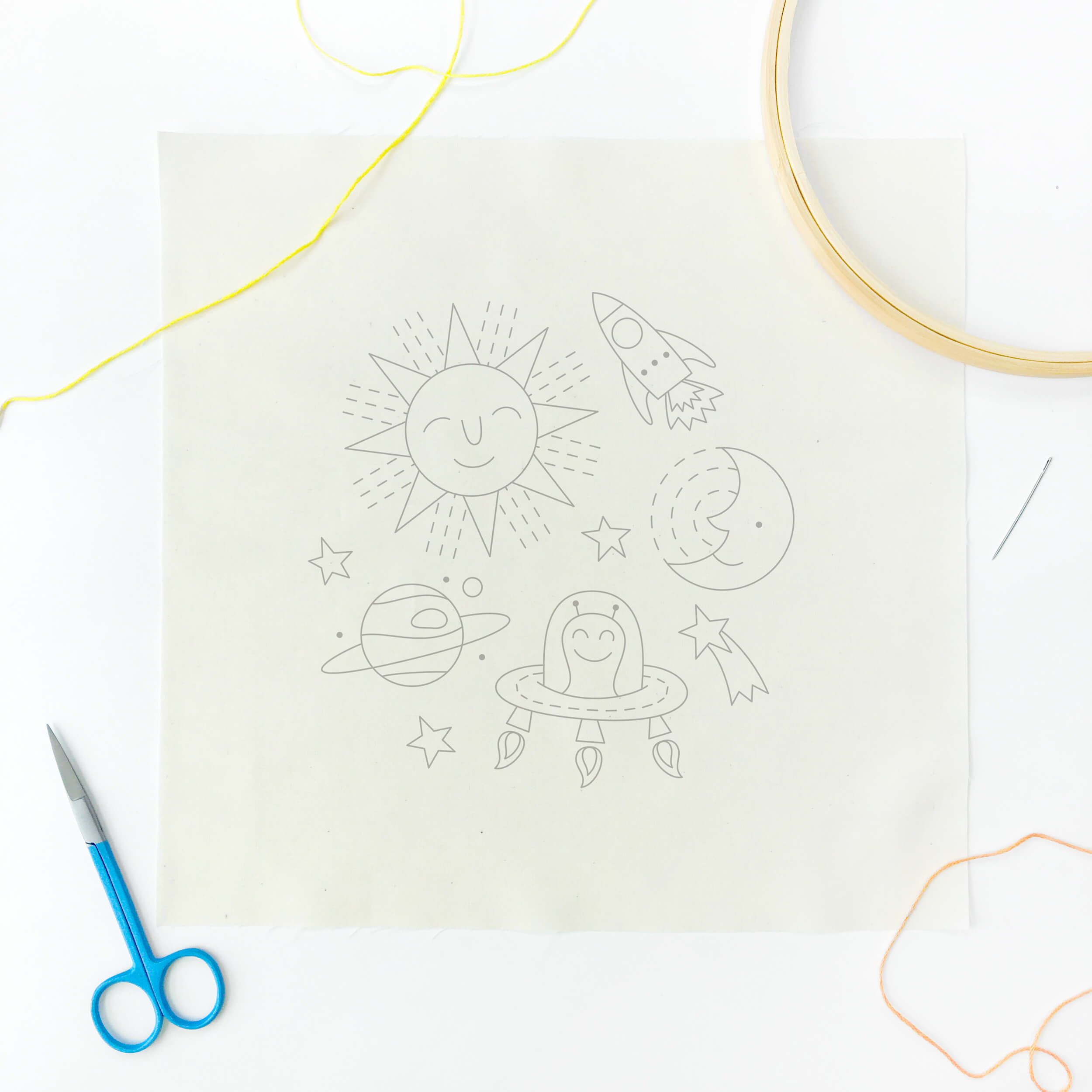 Outer Space embroidery pattern pre-printed on fabric 