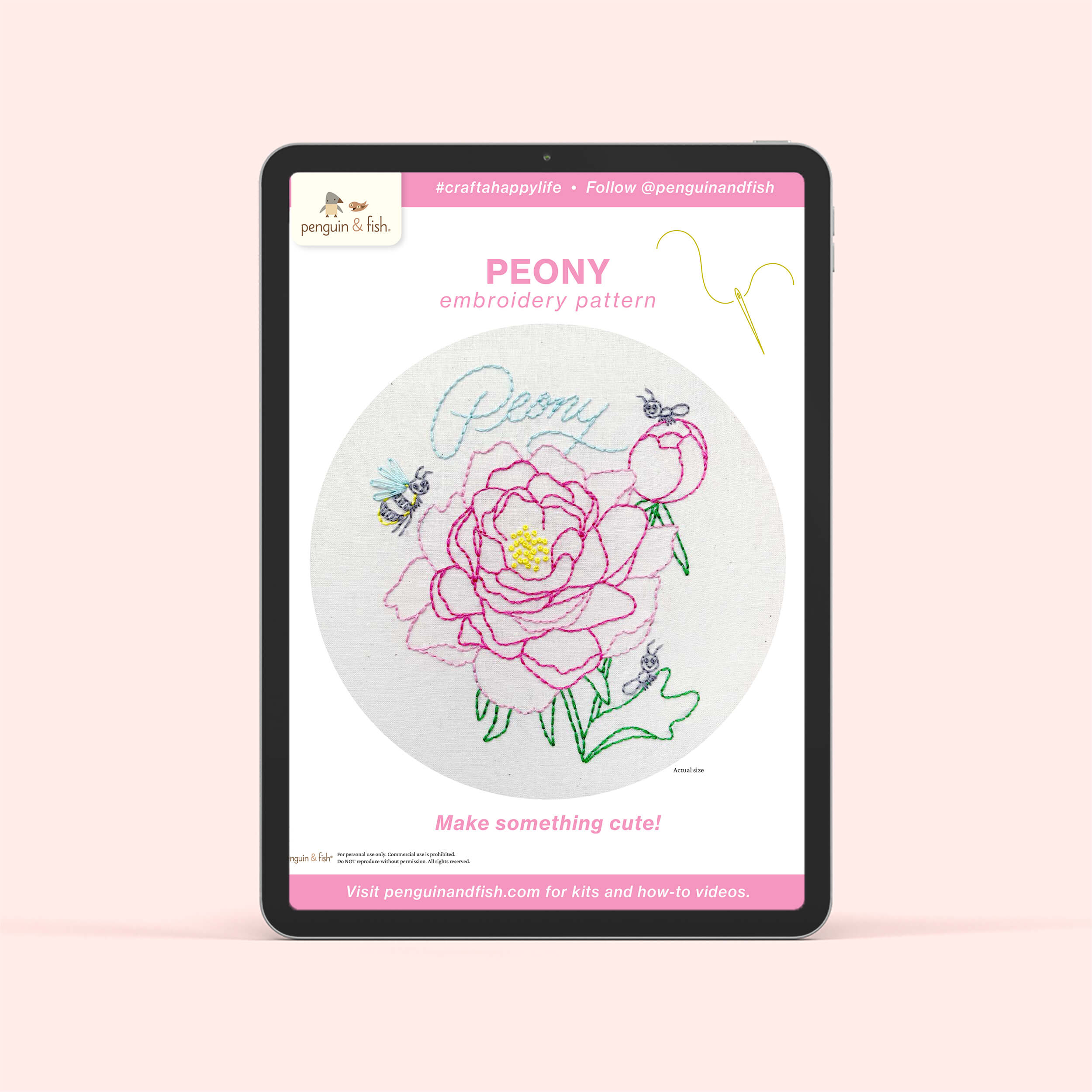 Peony PDF embroidery pattern shown on a tablet