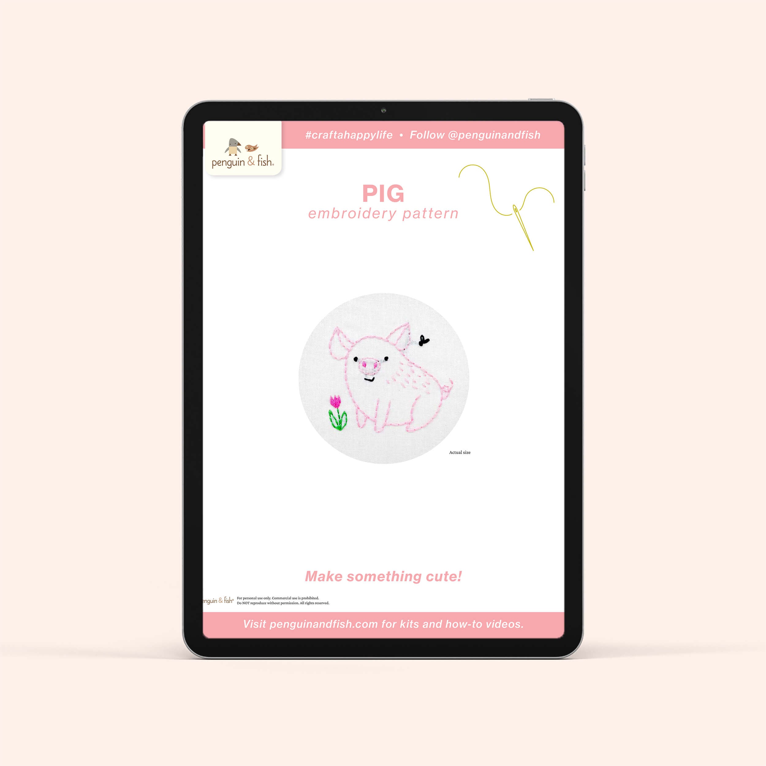 Pig PDF embroidery pattern shown on a tablet