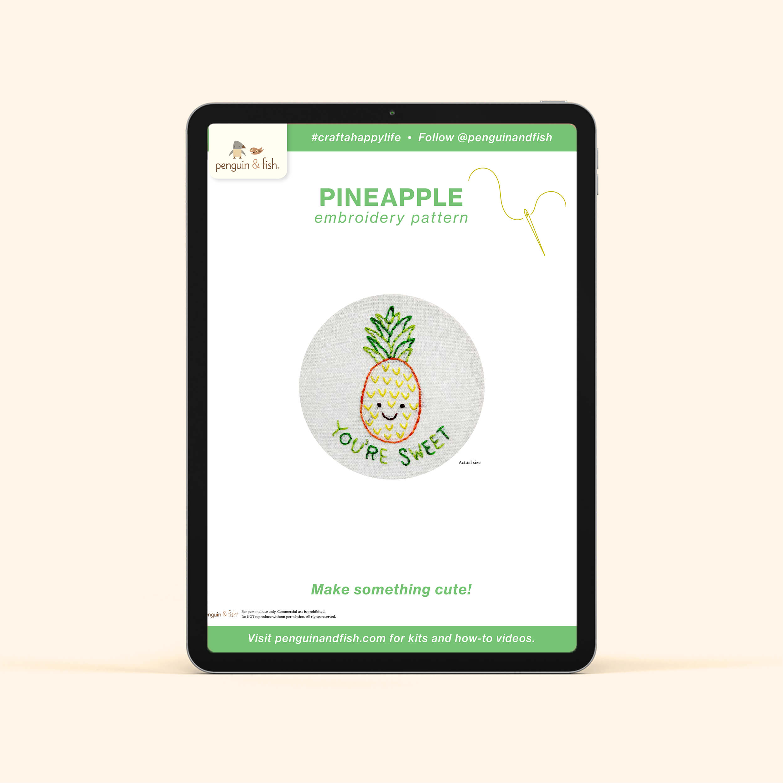 Pineapple PDF embroidery pattern shown on a tablet