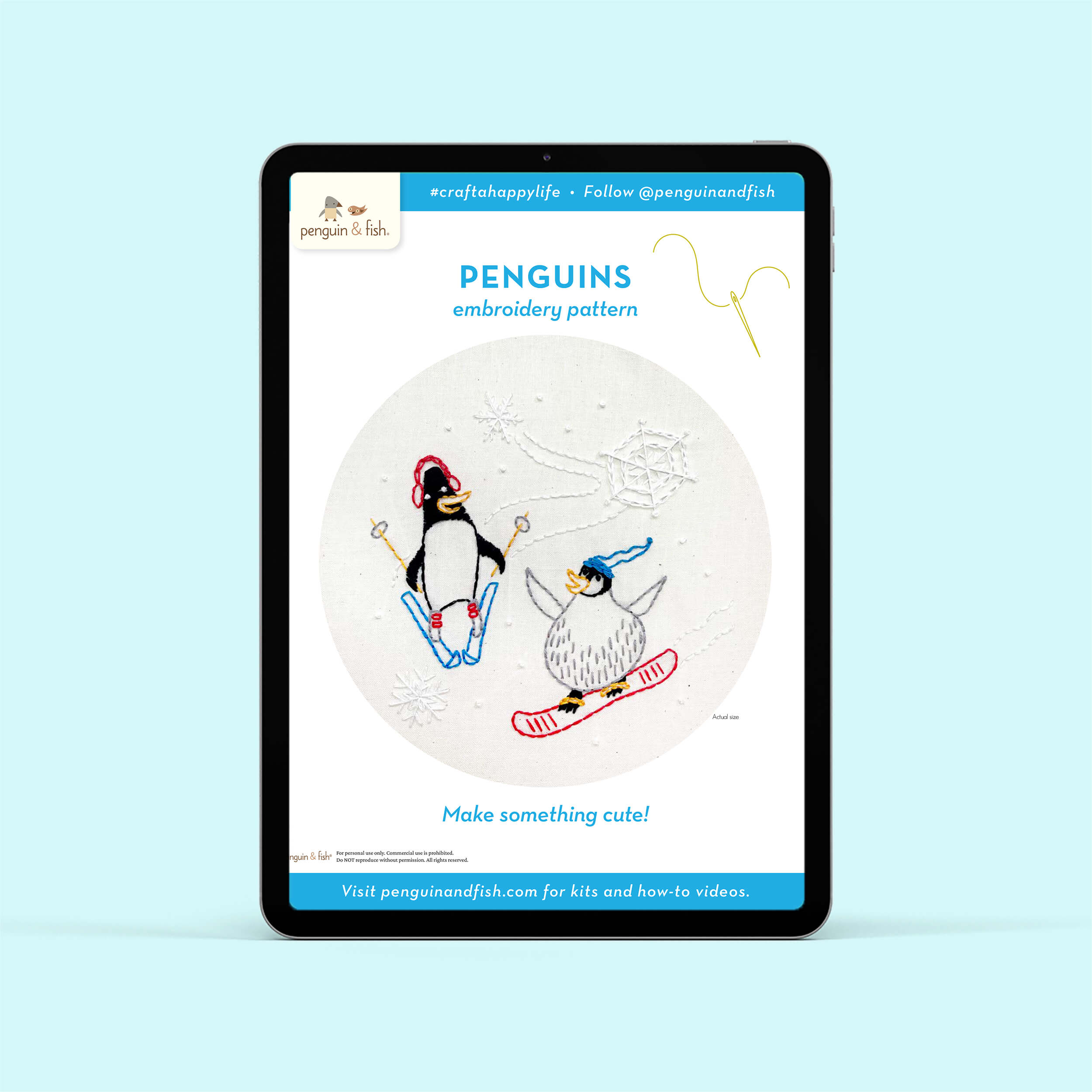 Penguins PDF embroidery pattern shown on a tablet