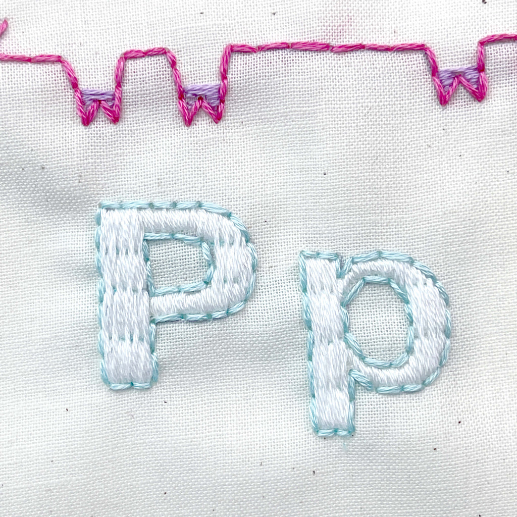 Letters P and p filled in with long and short stitch in white