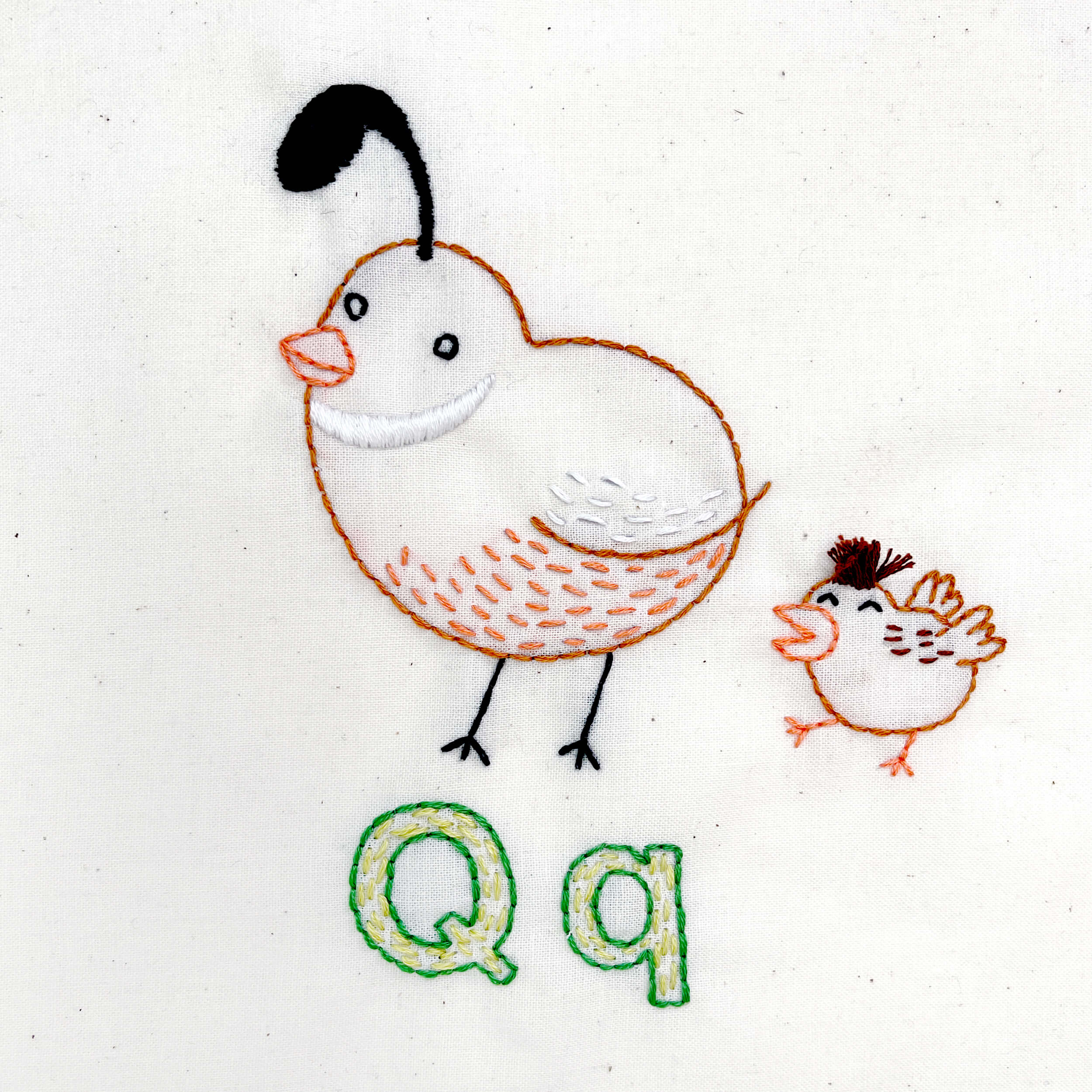 Q- Quail embroidered with baby quail